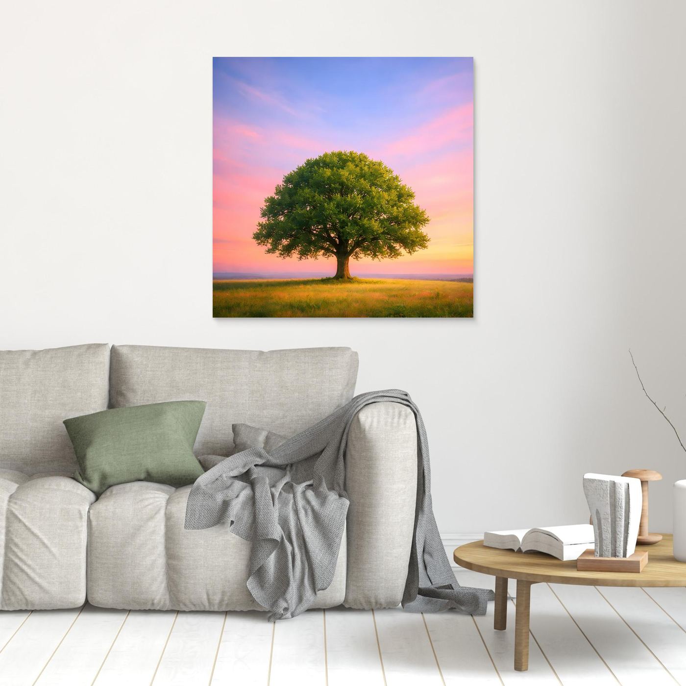 Leinwandbild mit Baum auf Wiese bei Sonnenuntergang, rosa Himmel