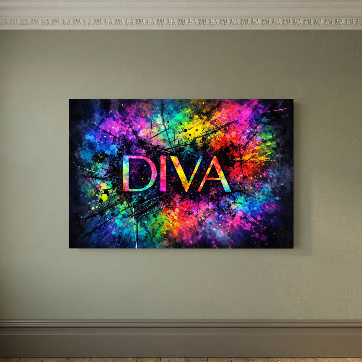 Wandbild „DIVA“ mit abstraktem Farb-Spritzdesign und Linien, mittig platziert
