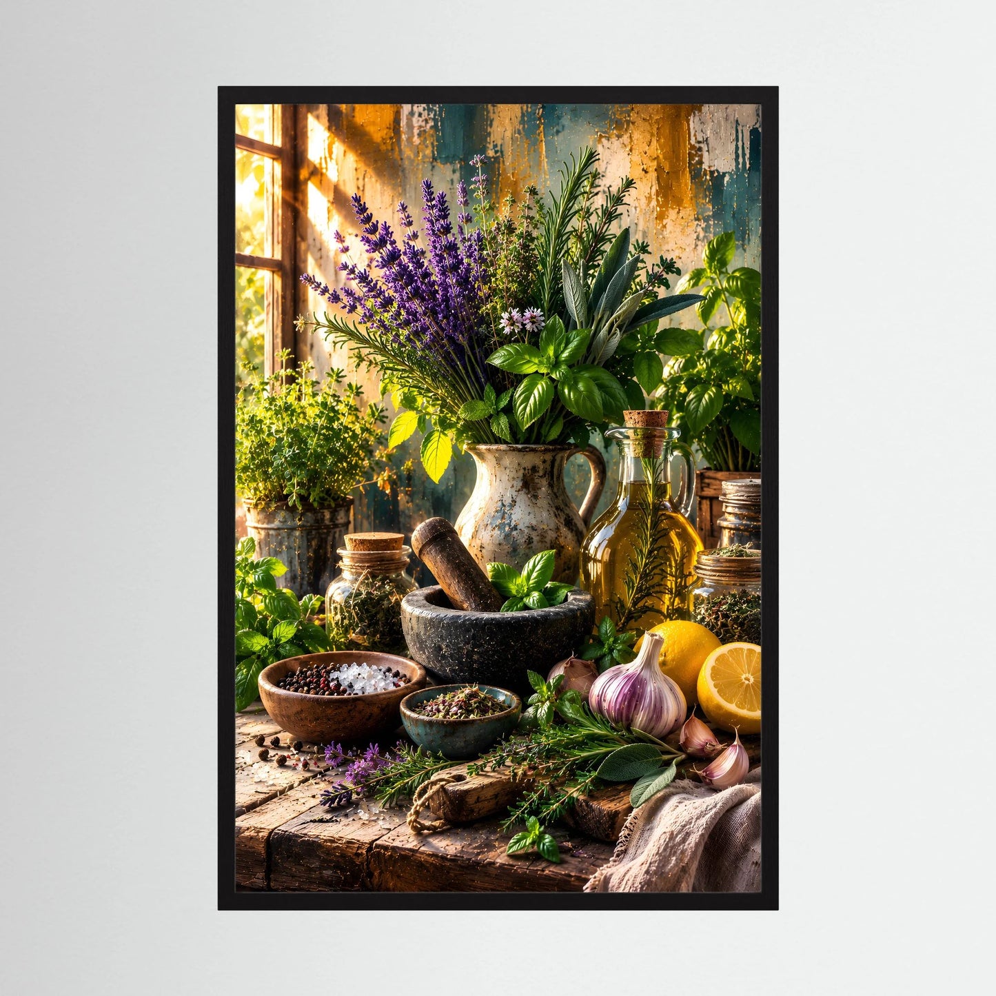 Gerahmtes Poster mit Kräuter-Stillleben: Lavendel und Basilikum in Töpfen