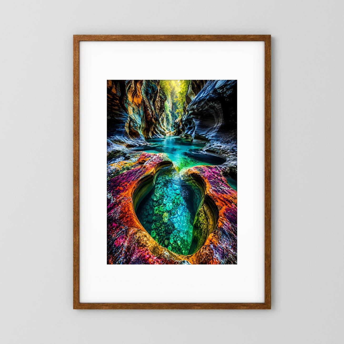Poster im Holzrahmen mit türkisfarbenem Wasser zwischen leuchtenden Felsen, Hochformat