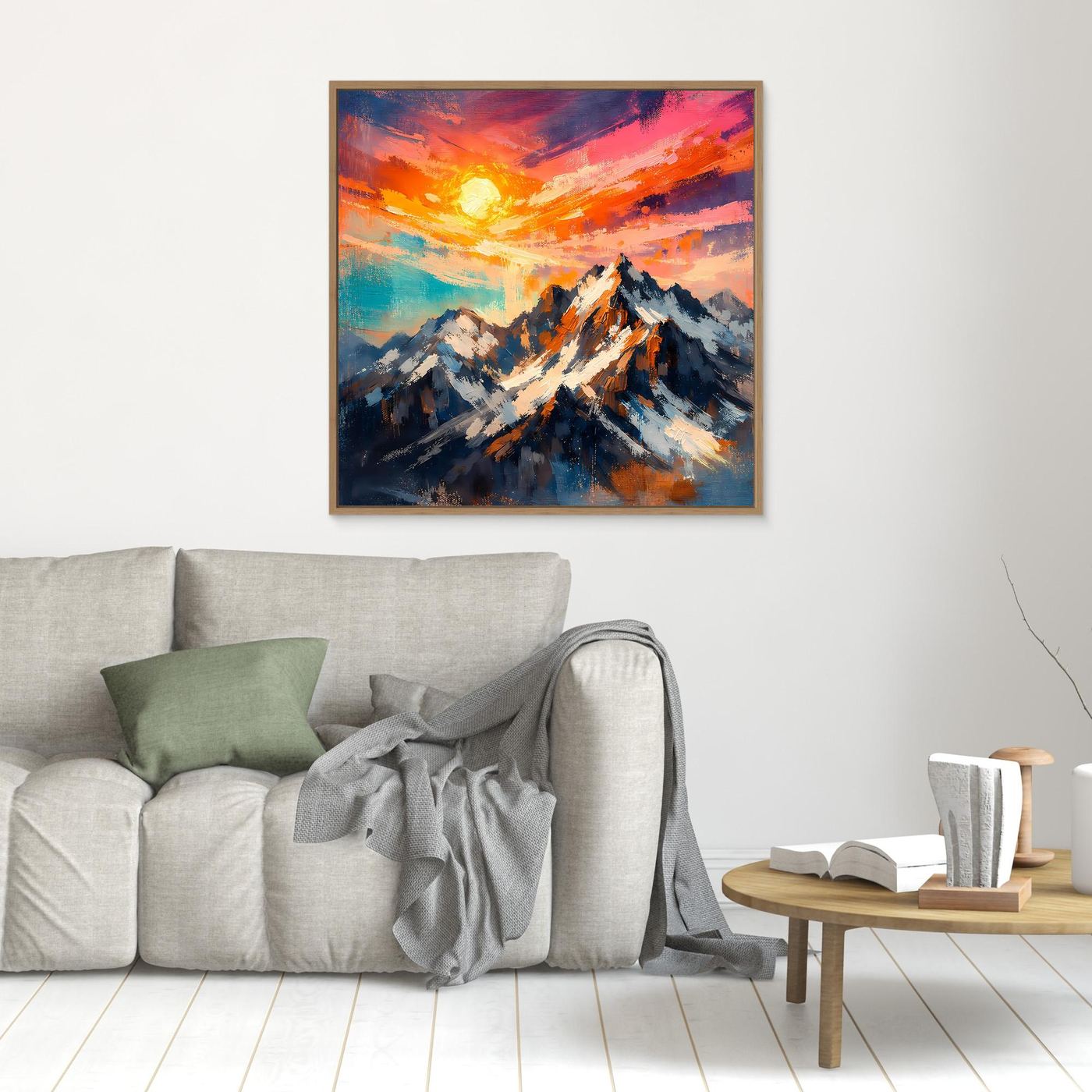 Leinwand Alpenglühen an verschneiten Berggipfeln | Abstraktes Gebirge Wandbild