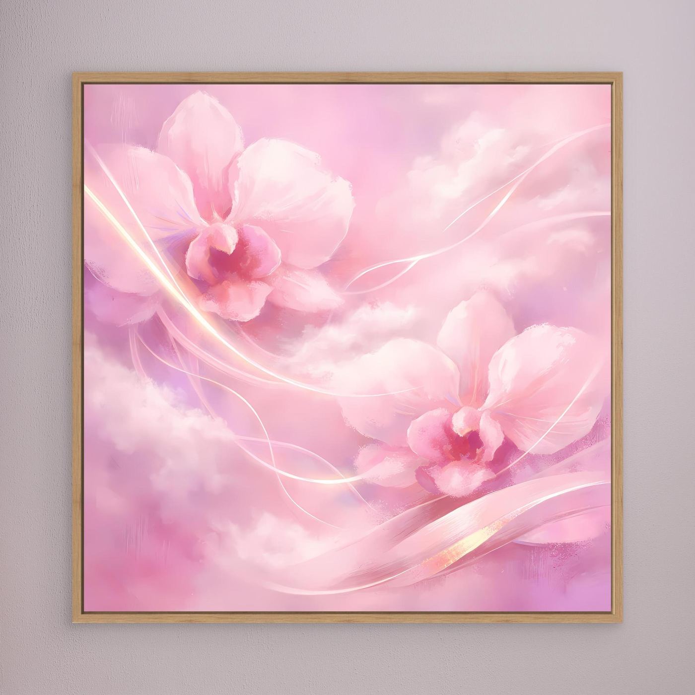 Leinwandbild mit abstrakten rosa Orchideen und goldenen Linien, braun gerahmt
