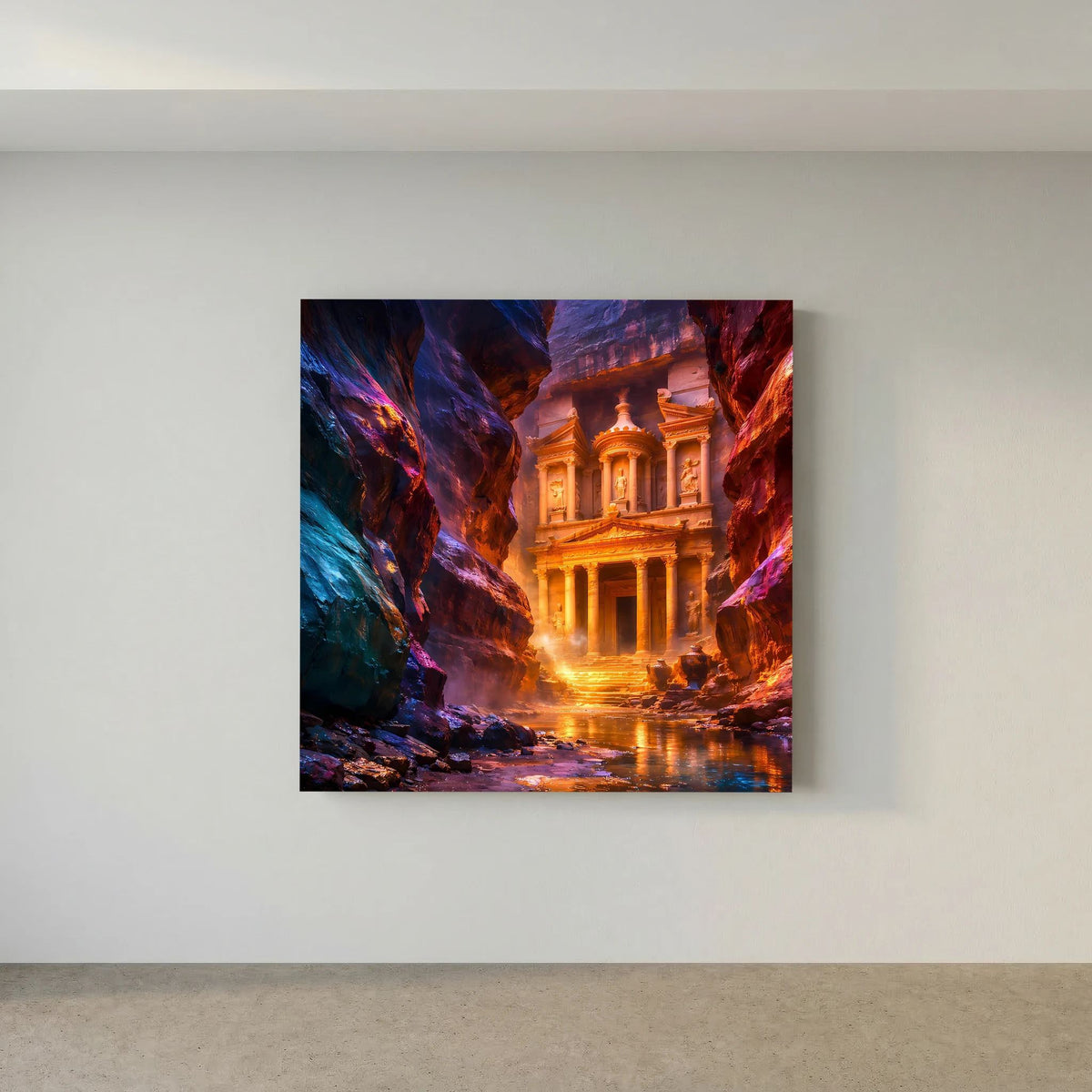 Leinwandbild auf Holzkeilrahmen mit Tempel, Felsenkessel und reflektierender Wasserfläche