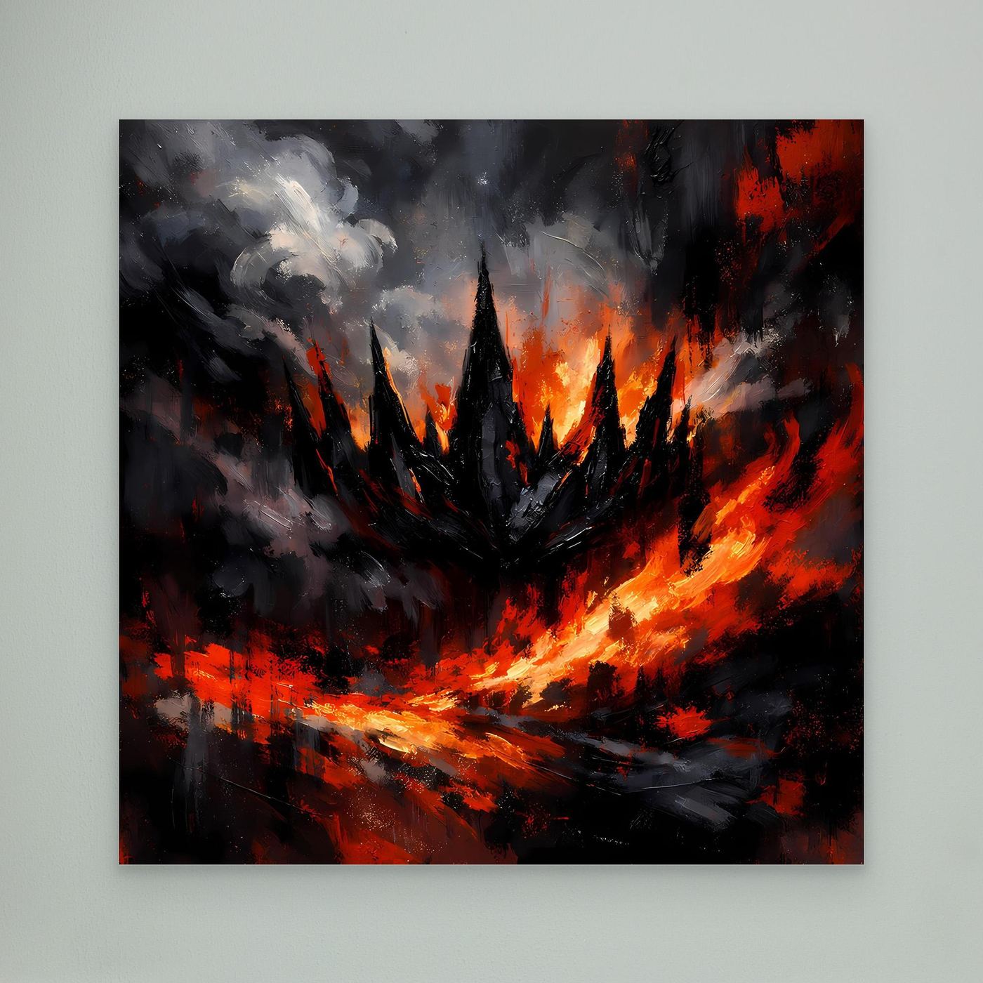 Abstraktes Fantasy-Wandbild ohne Rahmen: schwarze Rauchlandschaft mit roten Flammen