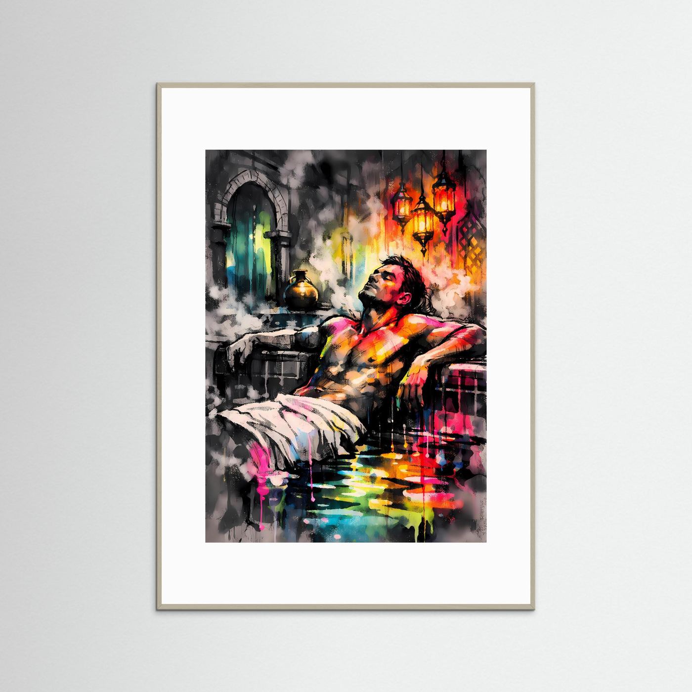 Die Kunst des Orients | Neon Hamam Poster mit orientalischer Silhouette & Regenbogen-Farben | Abstraktes Dampfbad Kunstposter Hochformat