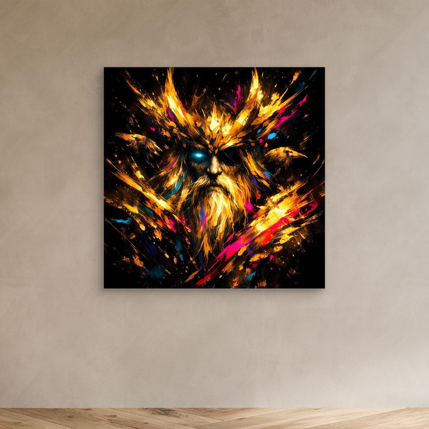 Leinwand Goldener Odin der Allvater mit Raben | Modernes Nordisches Mythologie Wandbild