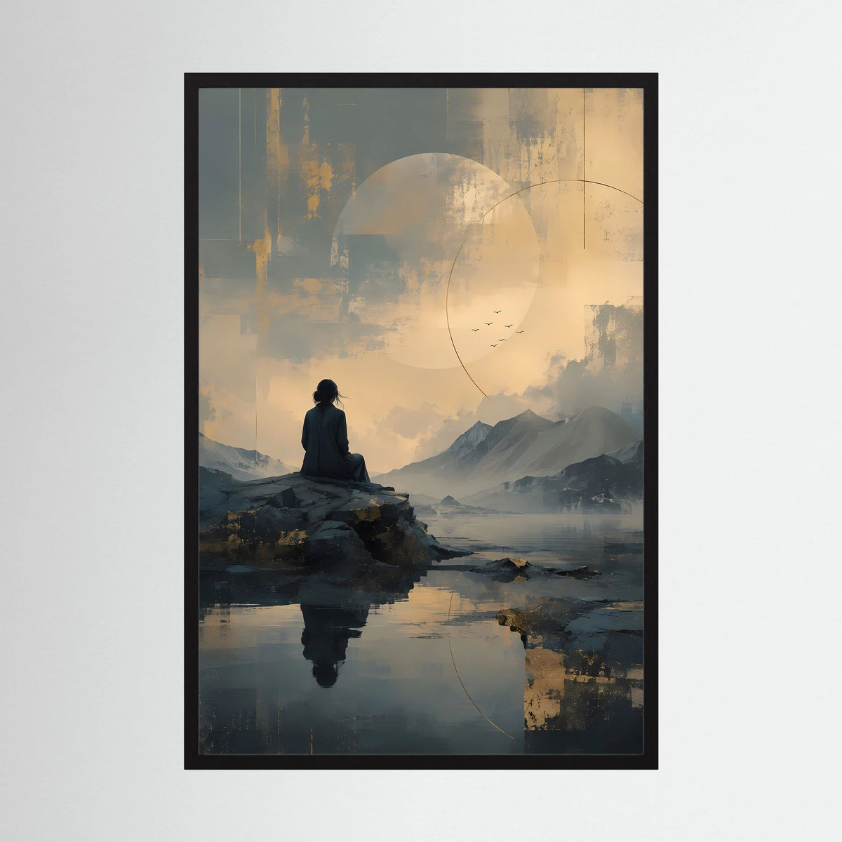 Gerahmtes Poster im Hochformat mit abstrakter Berglandschaft, sitzender Figur und Spiegelung.