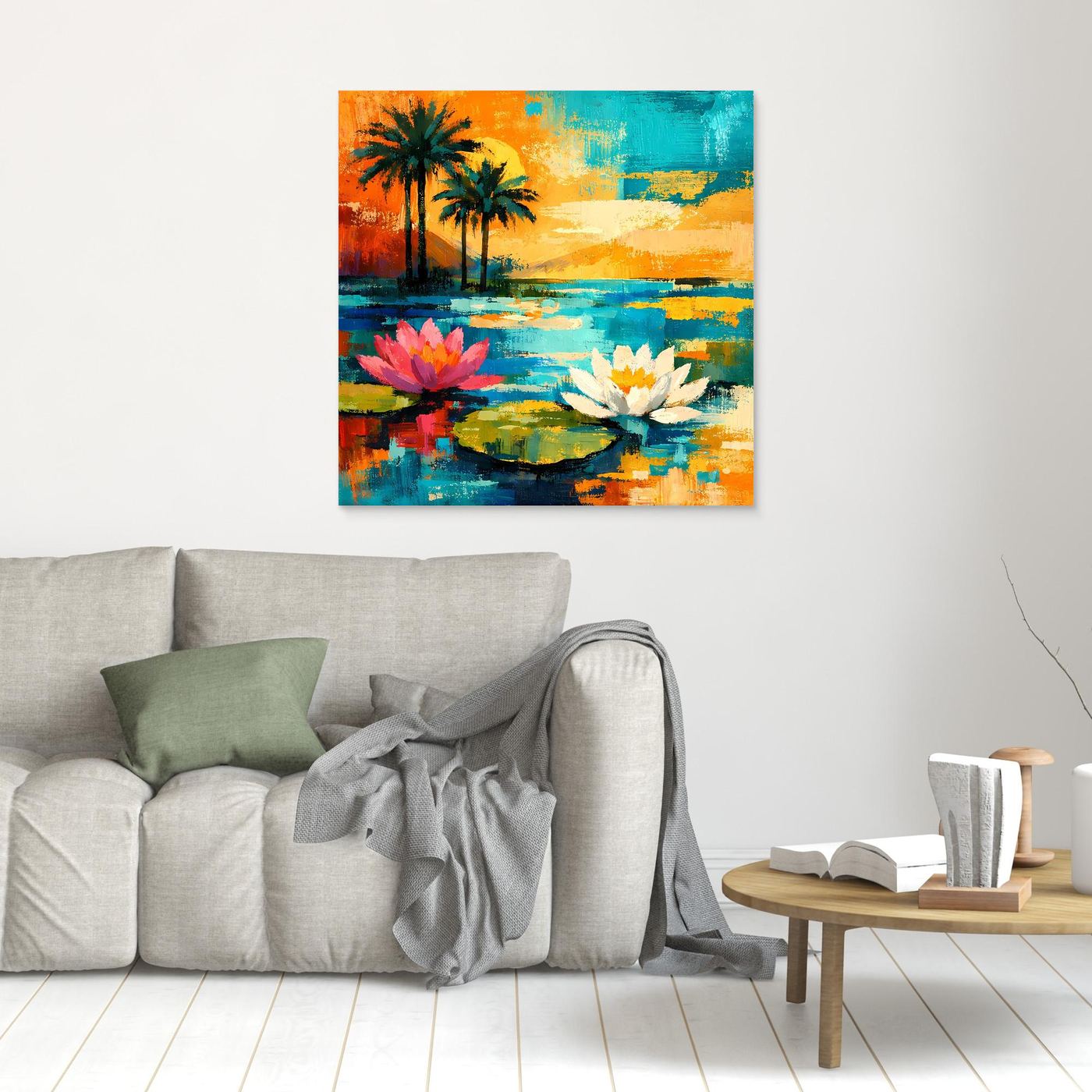 Hängendes Leinwand-Wandbild mit Palmen und Seerosenteich, pinke und weiße Blüten im Farbkontrast