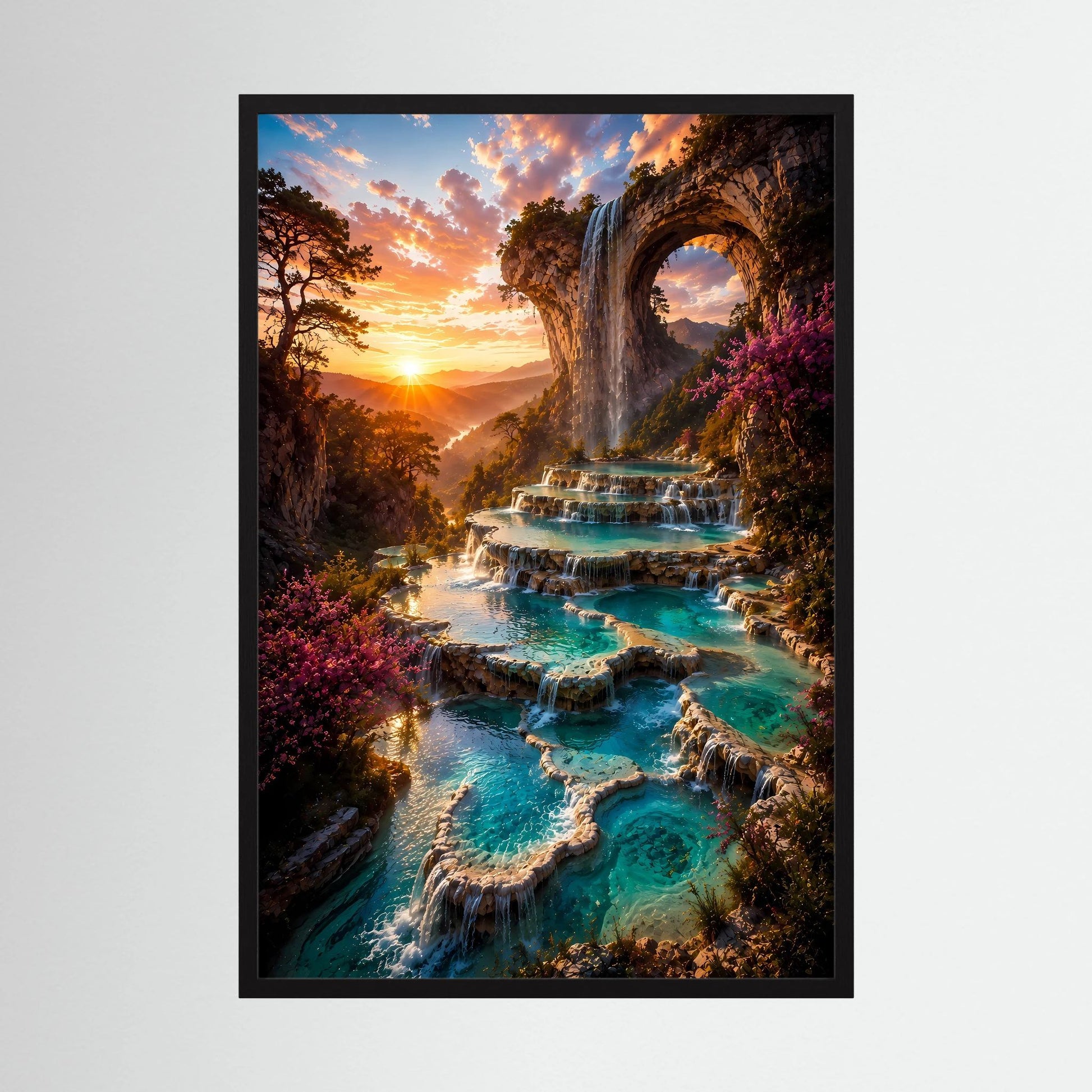 Kunstposter Hochformat mit schwarzem Rahmen, Fantasielandschaft mit Wasserfall und türkisfarbenen Becken