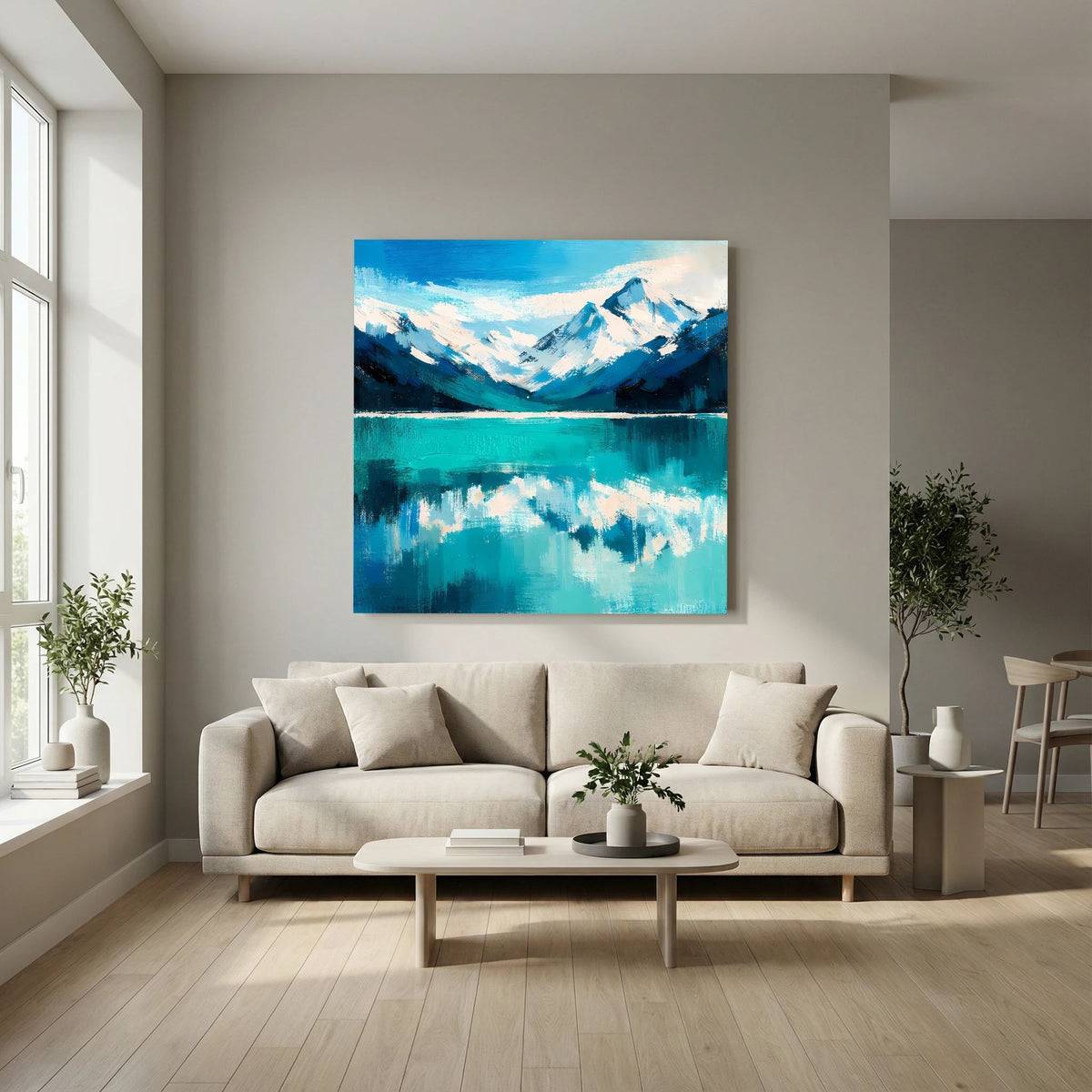 Leinwand Abstraktes Bergsee Gemälde | Modernes Alpines Wandbild Türkis Blau