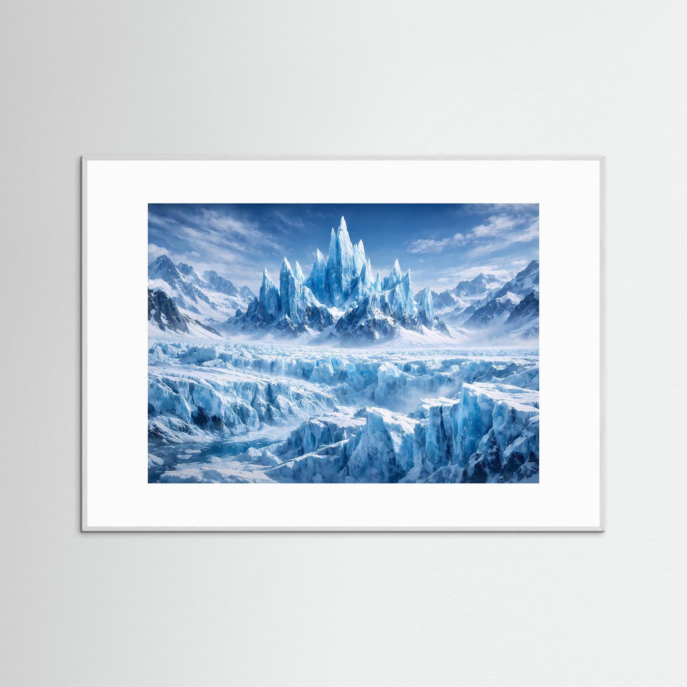 Querformatposter mit Gletscherlandschaft und Eiskristallen im grauen Rahmen