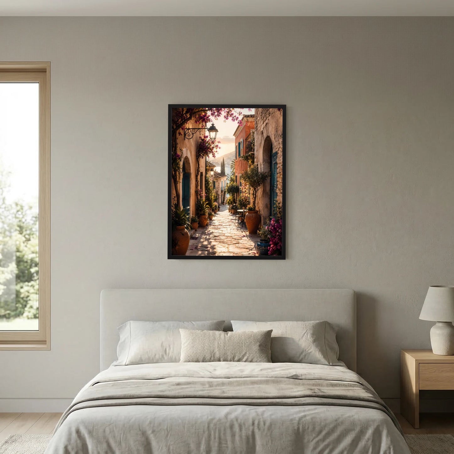 Poster an der Wand über der Bettfront: mediterrane Gasse mit Blumen und Bögen