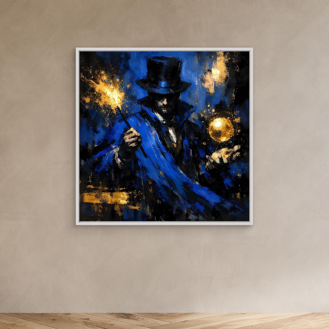 Leinwand Mystischer Magier in Blau und Gold | Abstraktes Fantasy Wandbild Moderne Kunst