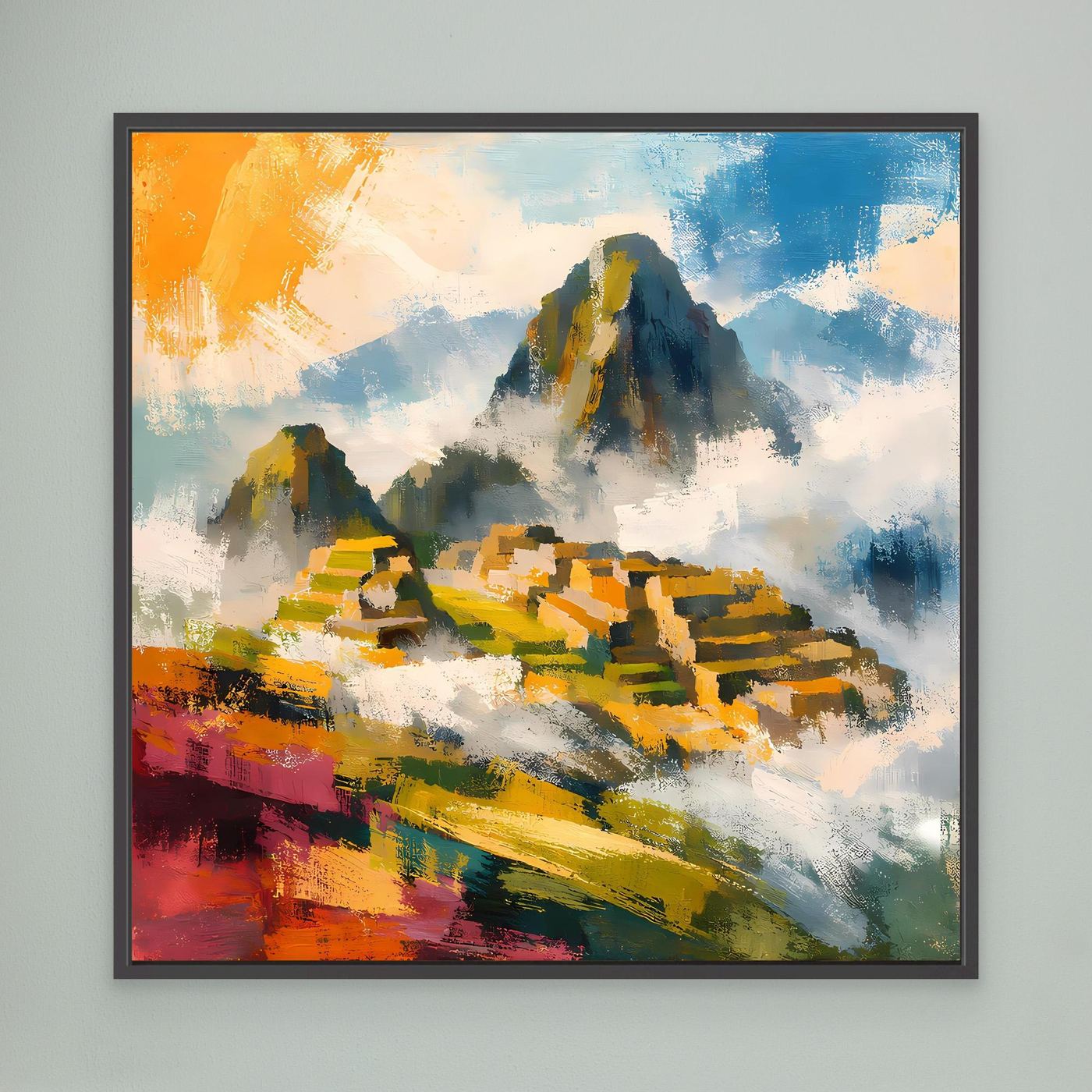 Abstraktes Wandbild mit bunten Pinselstrichen und Berglandschaft, im schwarzen Rahmen