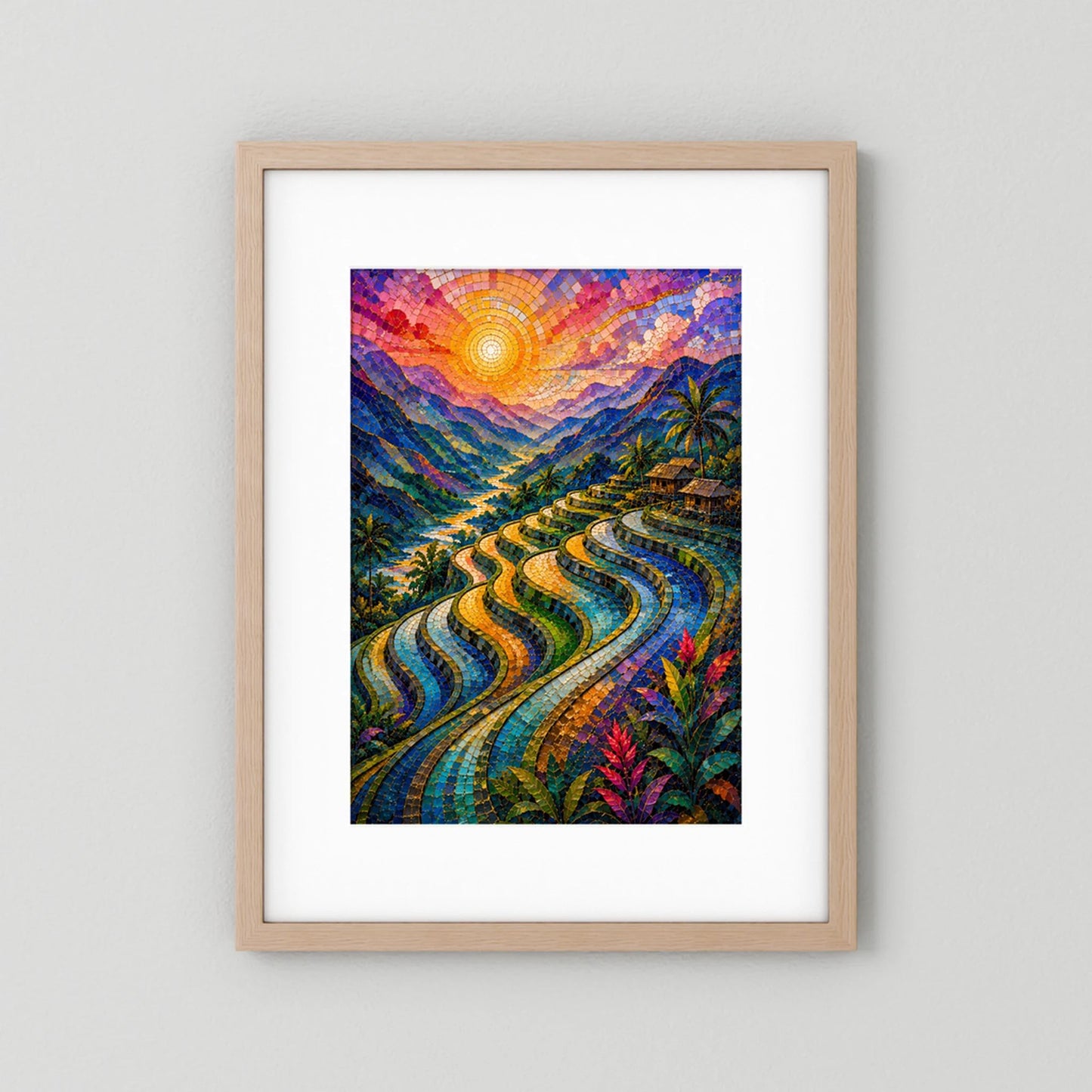 Reisterrassen im Sonnenuntergang | Farbenfrohe Mosaik Landschaft | Poster Hochformat