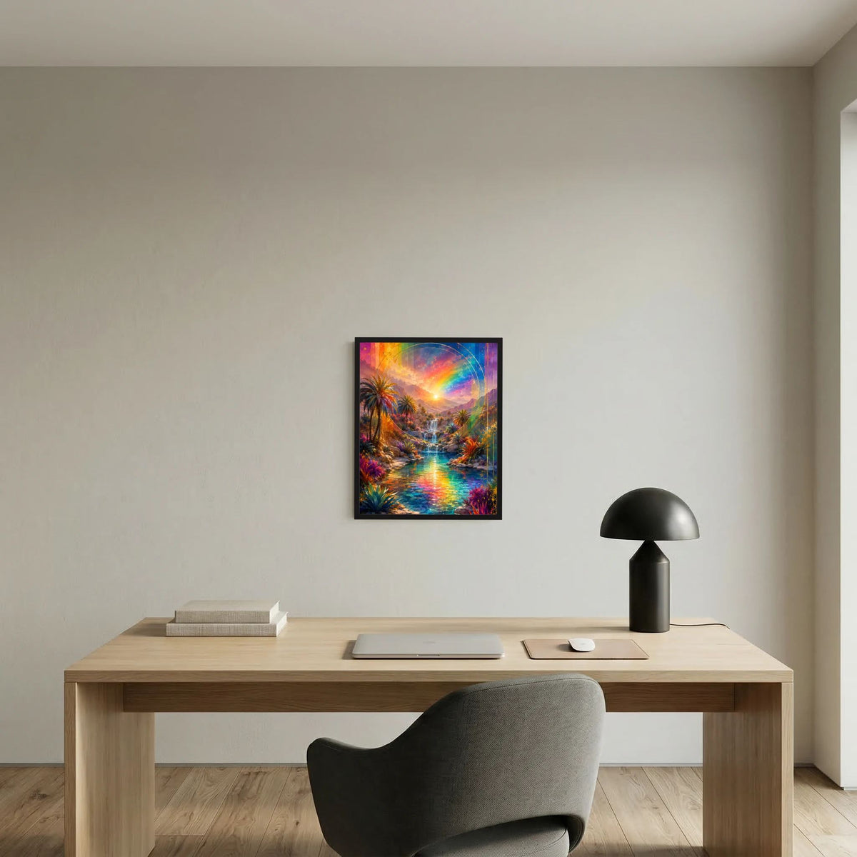 Gerahmtes Regenbogen-Wasserfall-Poster mit Palmen, zentral an heller Wand.
