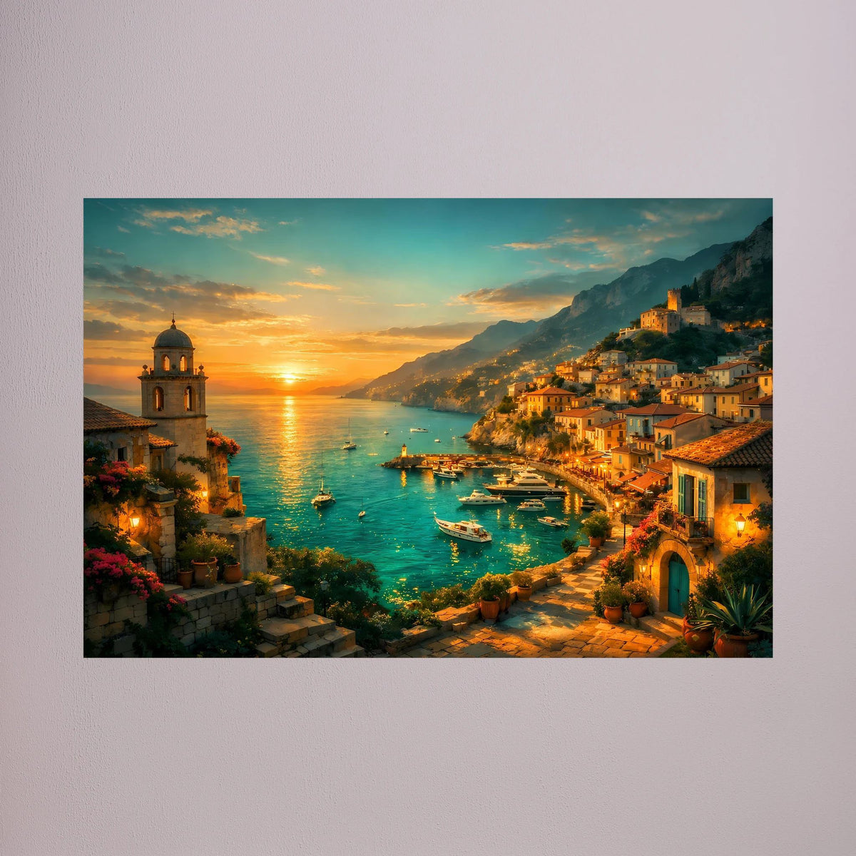 Poster: Mediterrane Küste mit farbigem Sonnenuntergang und Hafen, Querformat