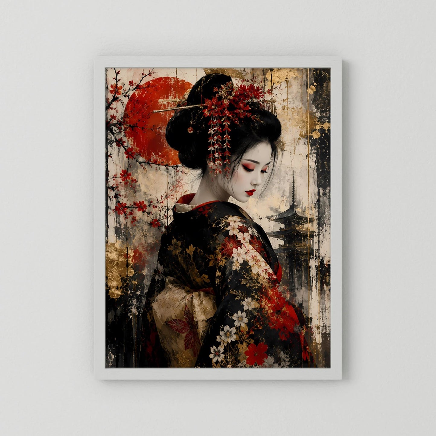 Poster ohne sichtbaren Rahmen: Frau im schwarzen Kimono mit roten und weißen Blüten.