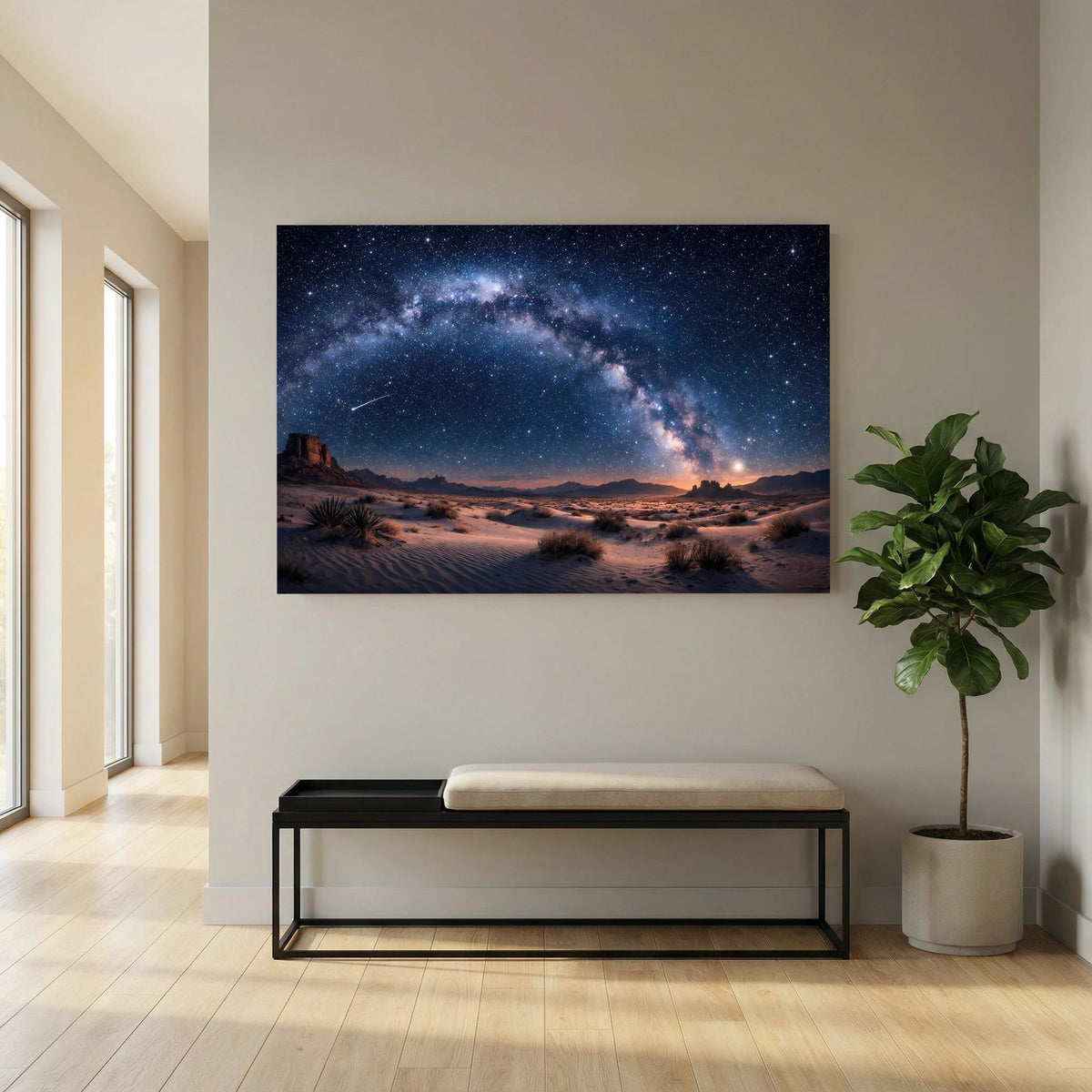 Wandbild im Querformat: Milchstraße über Dünen, Sternenhimmel und Nachtlandschaft.