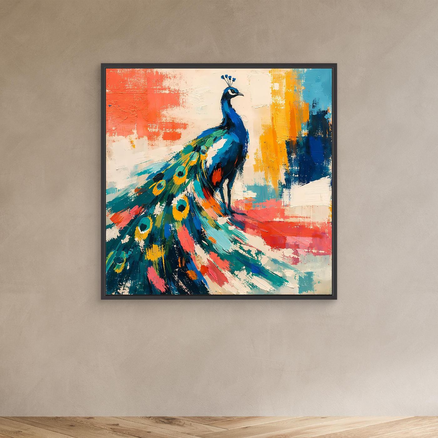 Peacock abstract wall canvas art with a black frame, blue peacock and multicolor tail