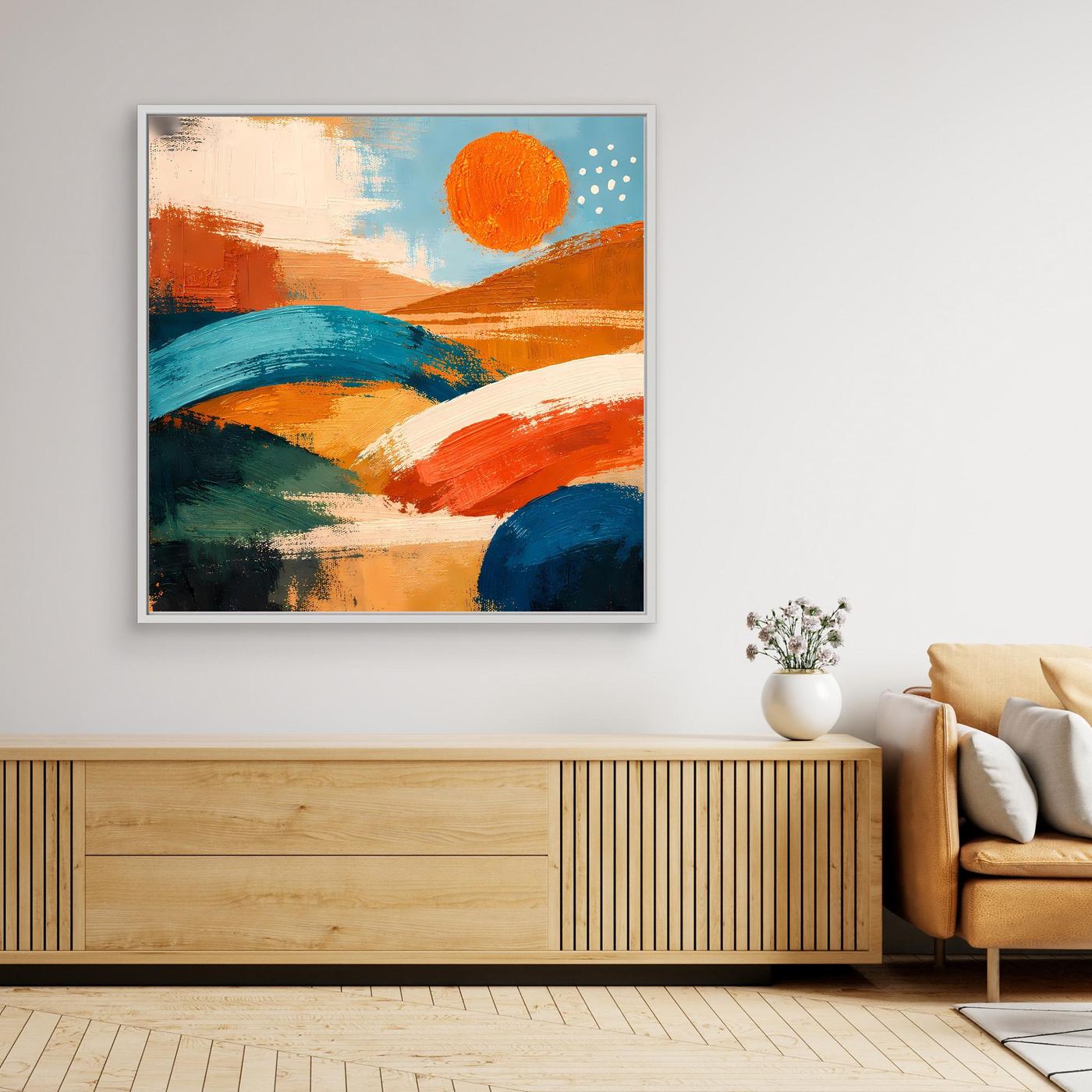 Framed abstract landscape wall art, orange and blue hills with a large sun