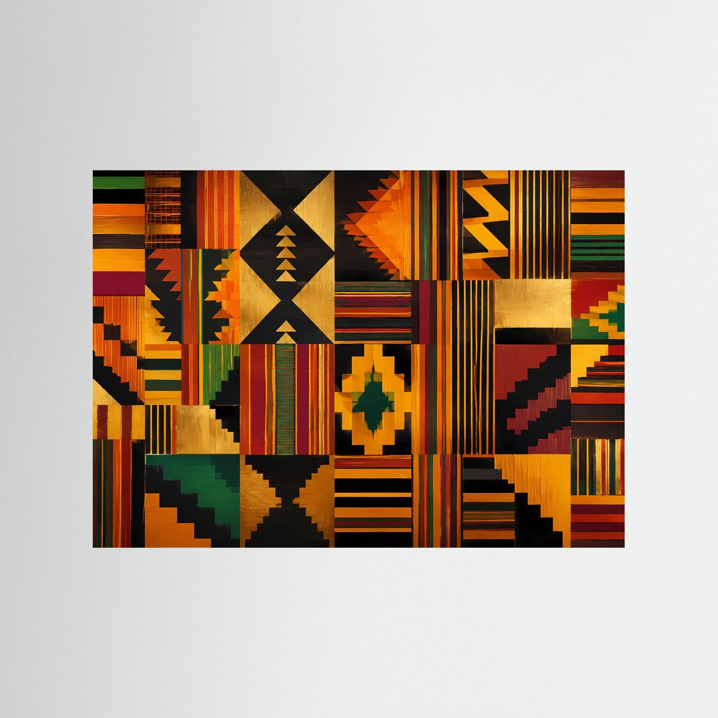 Geometrisches Kente-Muster in Gold & Farben | Modernes Wandbild mit Ethno-Art & Mustern