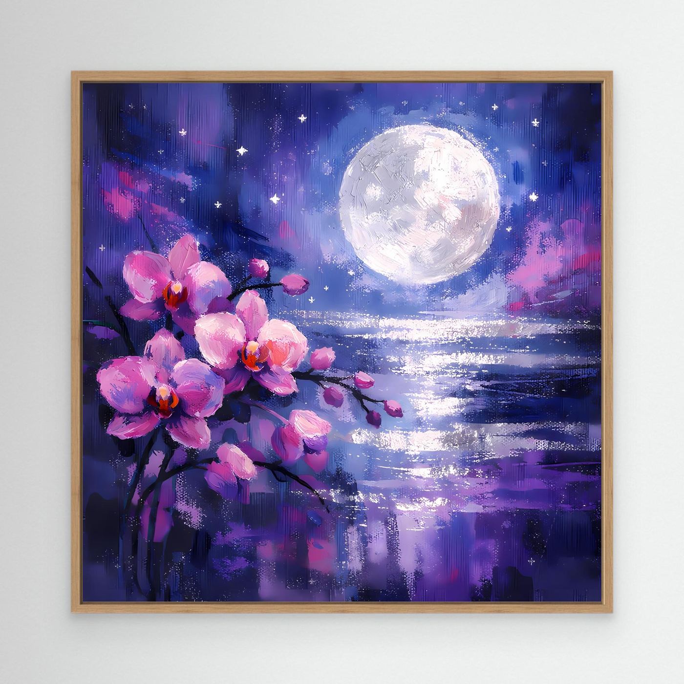 Wandbild auf Leinwand mit rosa Orchideen, großer weißer Mond über Wasser; Holzrahmen