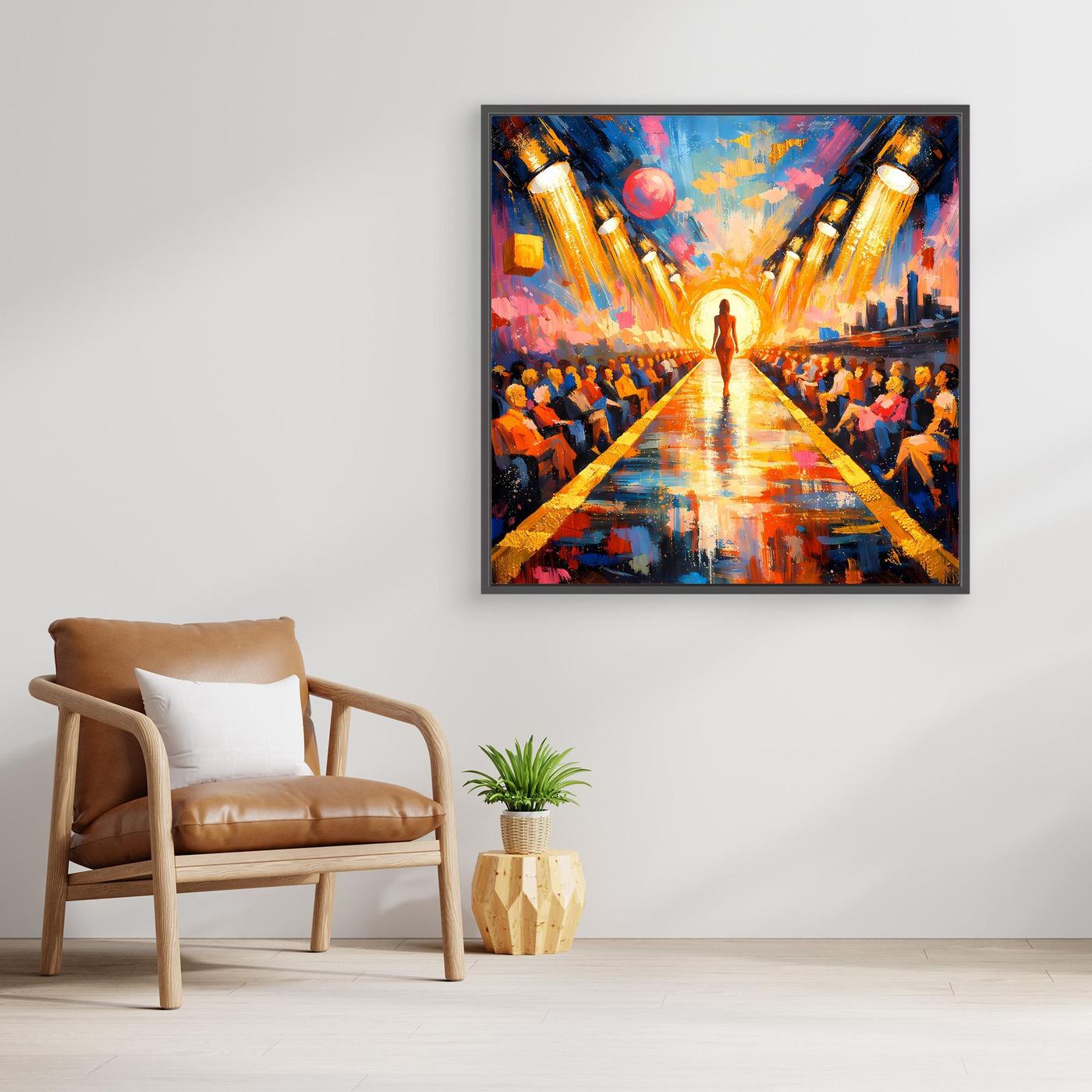 Abstraktes Pop-Art-Wandbild mit zentralem Laufsteg, kräftiges Orange, Blau und Gold
