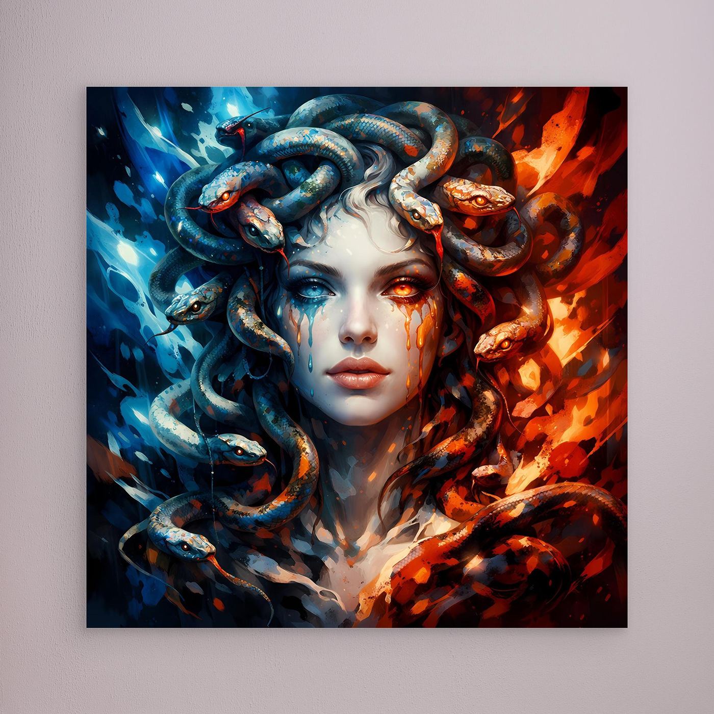 Leinwand Mystische Medusa im Feuer- und Eis-Kontrast | Modernes Fantasy Wandbild