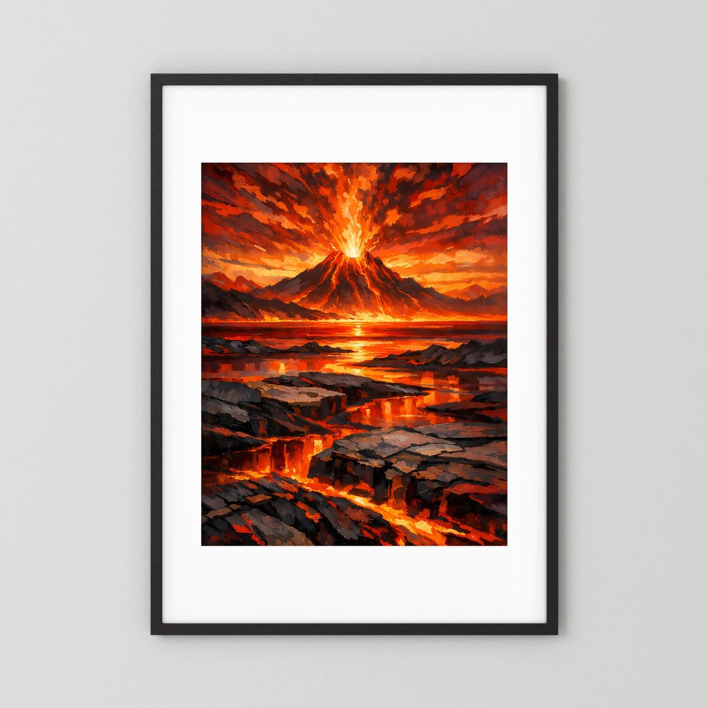 Hochformat-Poster mit schwarzem Rahmen und weißem Rand: glühender Vulkan, Lava und Feuer