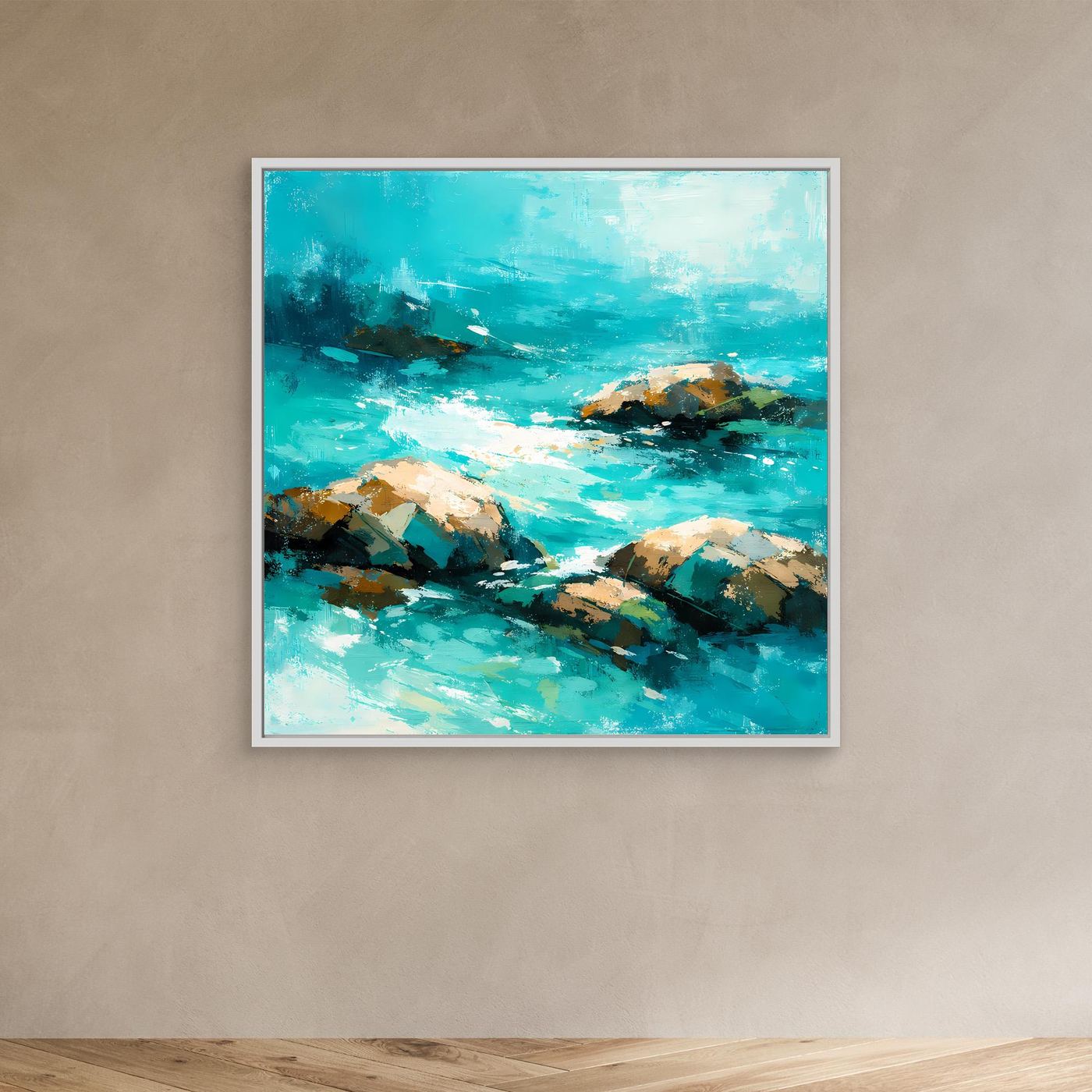 Leinwand Abstrakte Meereslandschaft mit Felsen | Modernes Küsten Wandbild Türkis