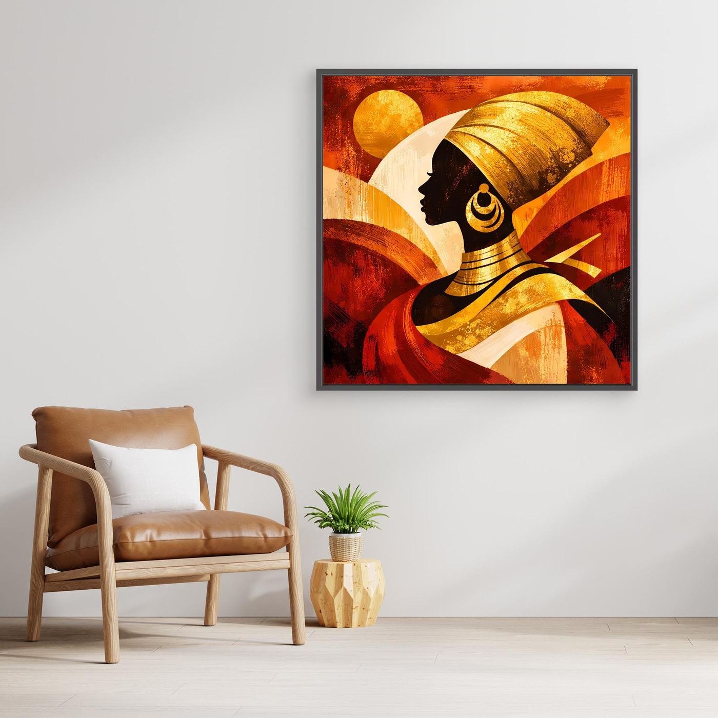 Quadratisches, gerahmtes Leinwandbild mit abstrakter Frauensilhouette, goldene Details, warme Rot-Töne