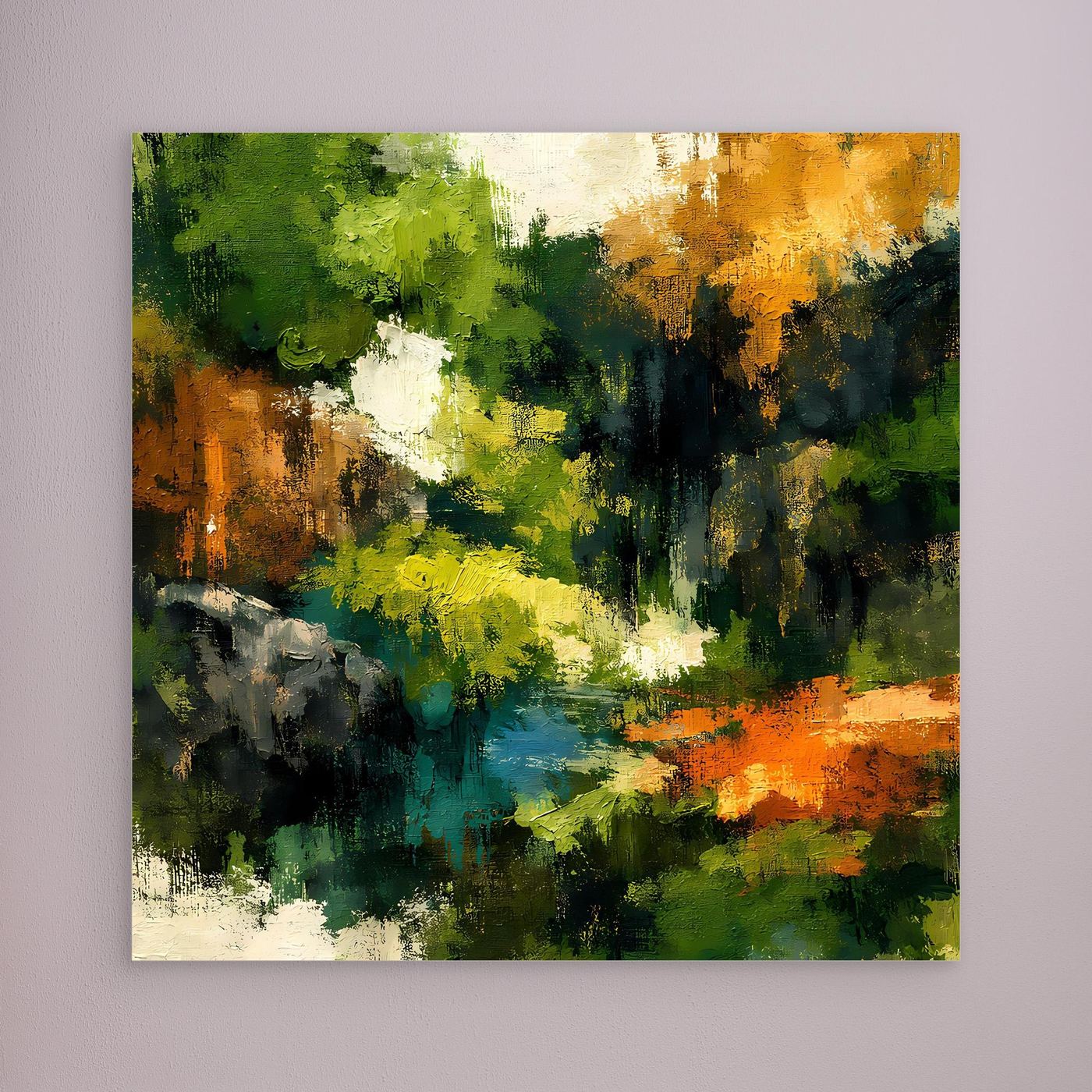 Wandbild mit abstrakter Waldlandschaft, ohne sichtbaren Rahmen, grün-orange Farbfelder