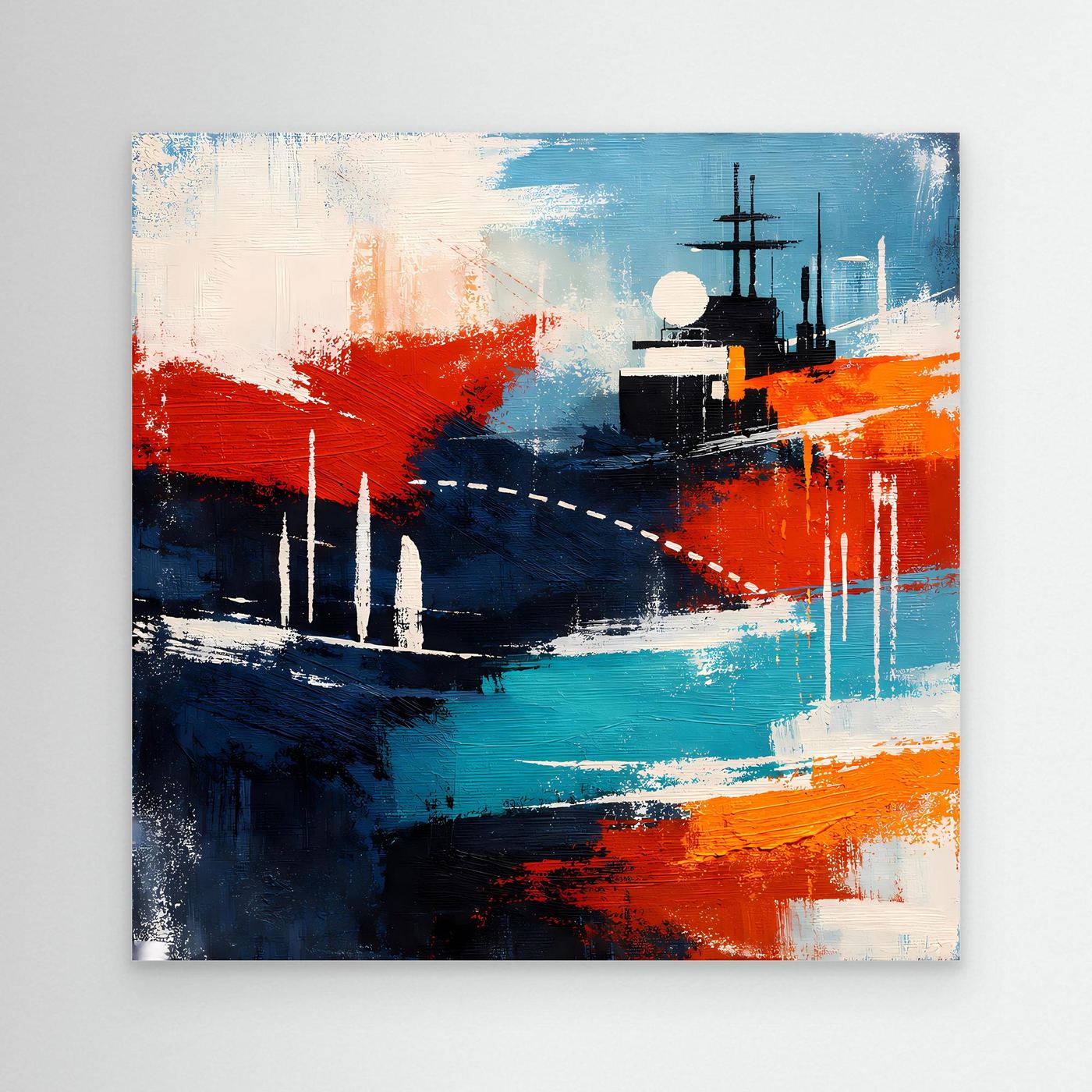 Abstraktes Leinwand-Wandbild mit Schiff in Blau, Rot und Türkis, ohne Rahmen