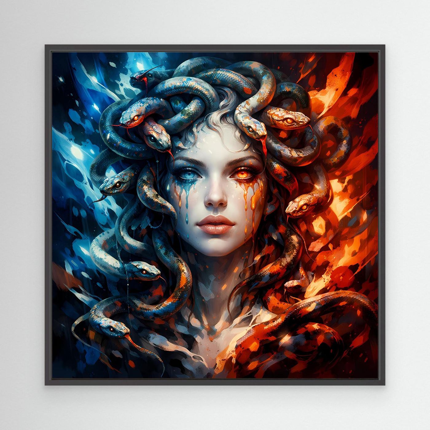 Leinwand Mystische Medusa im Feuer- und Eis-Kontrast | Modernes Fantasy Wandbild