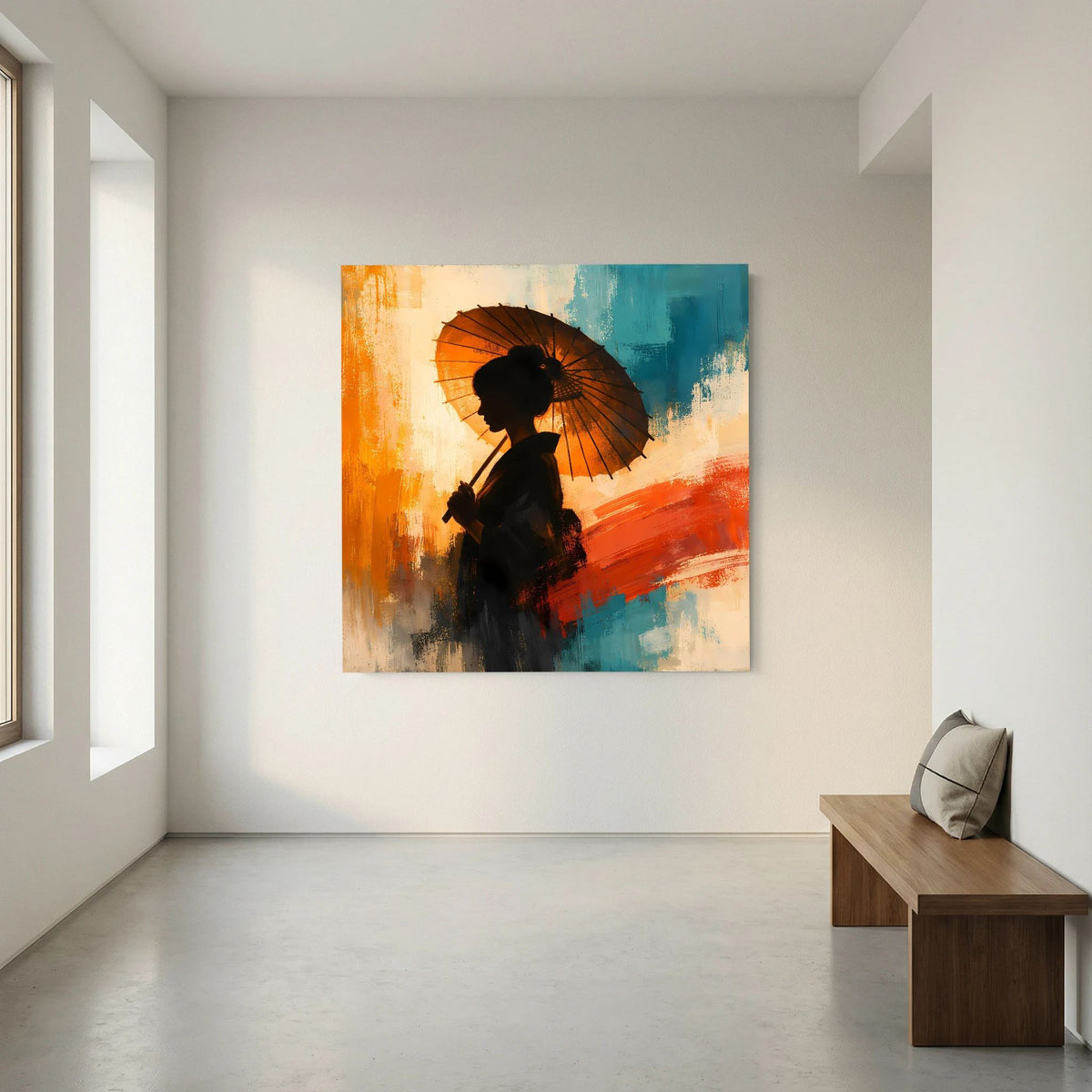 Wandbild auf Keilrahmen: Frauensilhouette mit schwarzem Sonnenschirm vor orange-blauen Farbstrichen
