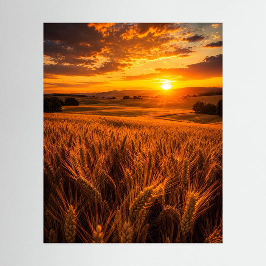Sommerposter mit goldenem Weizenfeld und untergehender Sonne, hochformatig