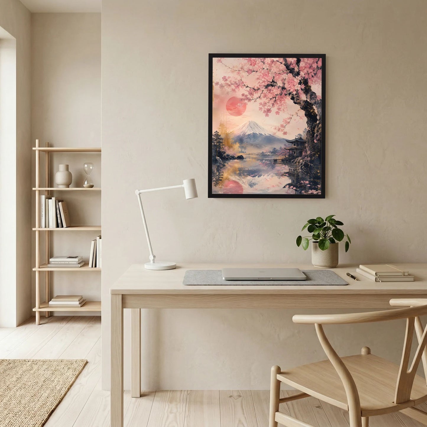 Gerahmtes Poster mit Kirschblüten und Fuji-Landschaft, rosa Töne, schwarzer Rahmen.