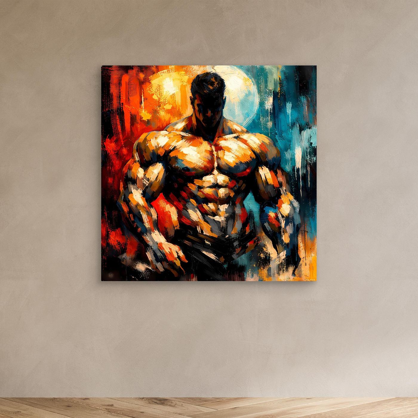 Leinwandbild mit abstraktem Bodybuilder, orange-blau, ohne Rahmen