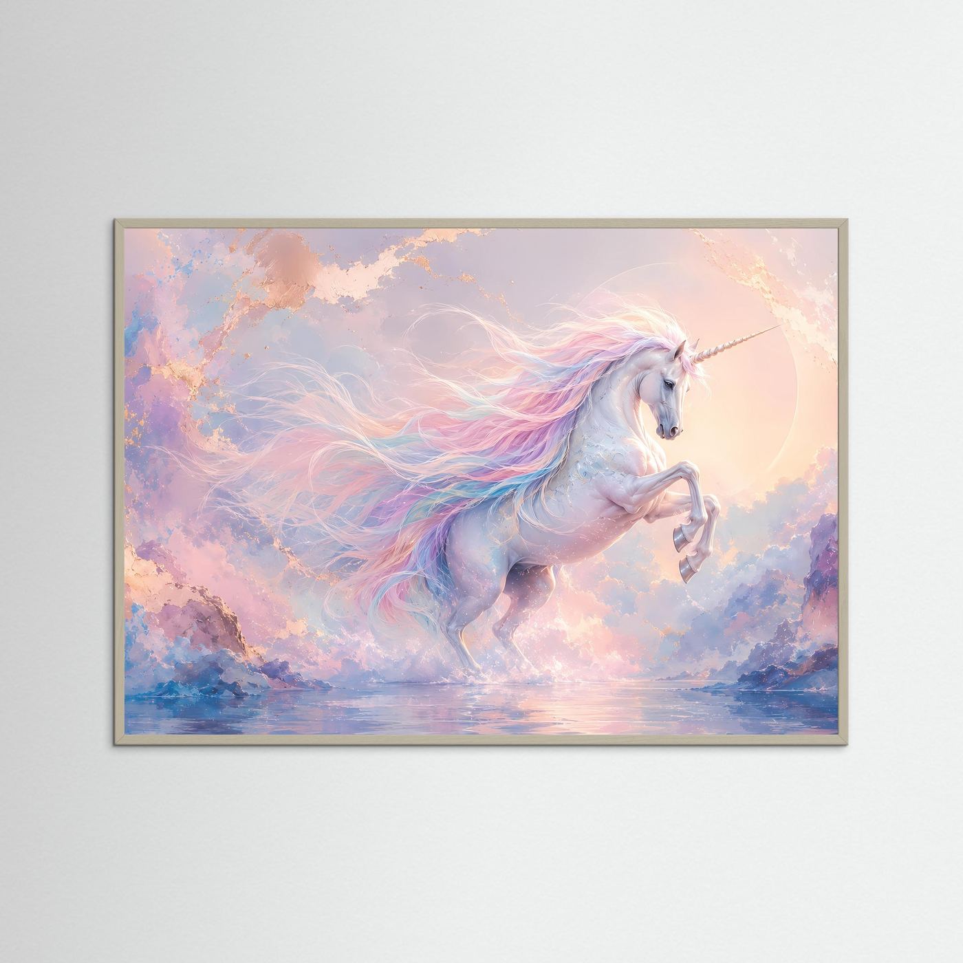 Magisches Einhorn in Pastell | Fantasie Wandbild in Rosa, Blau & Gold