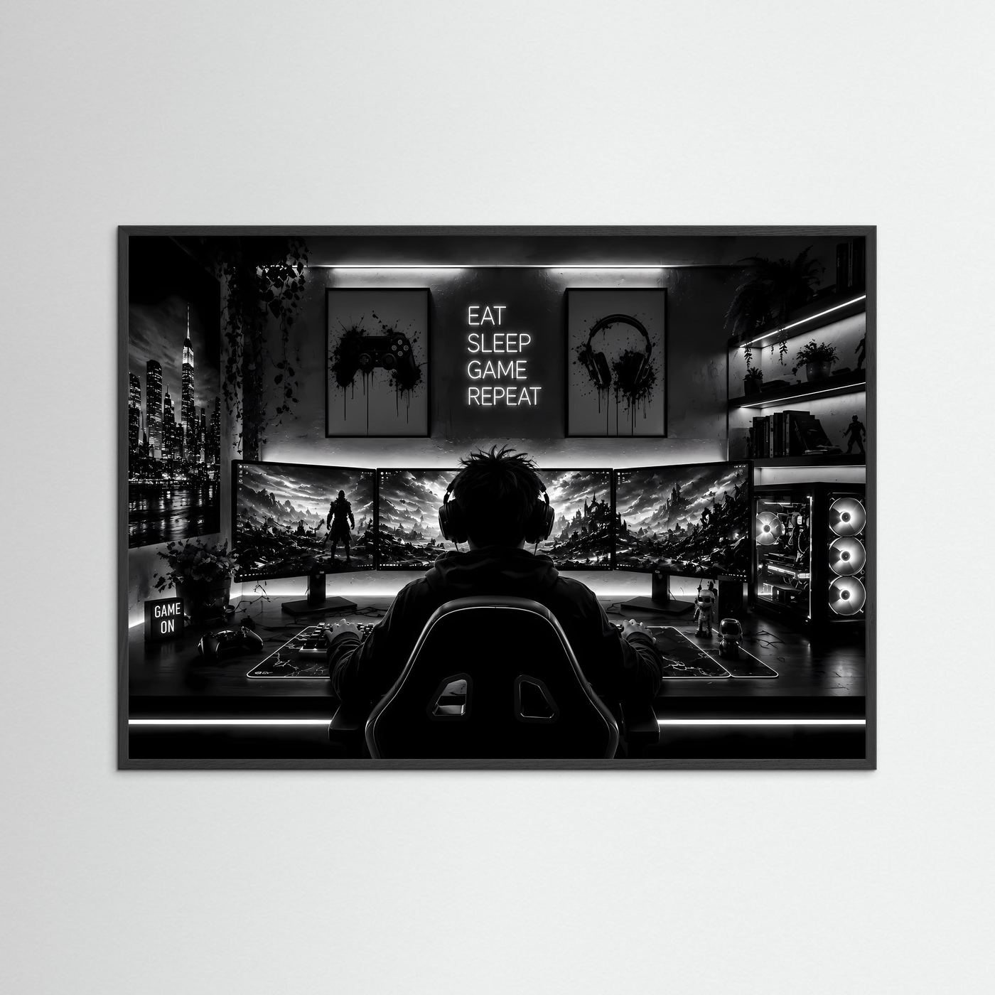 Gaming Poster Schwarz Weiß | Gamer Setup Wandbild | Gaming Room Deko | PC Gaming Kunst | Monochromer Fine Art Print