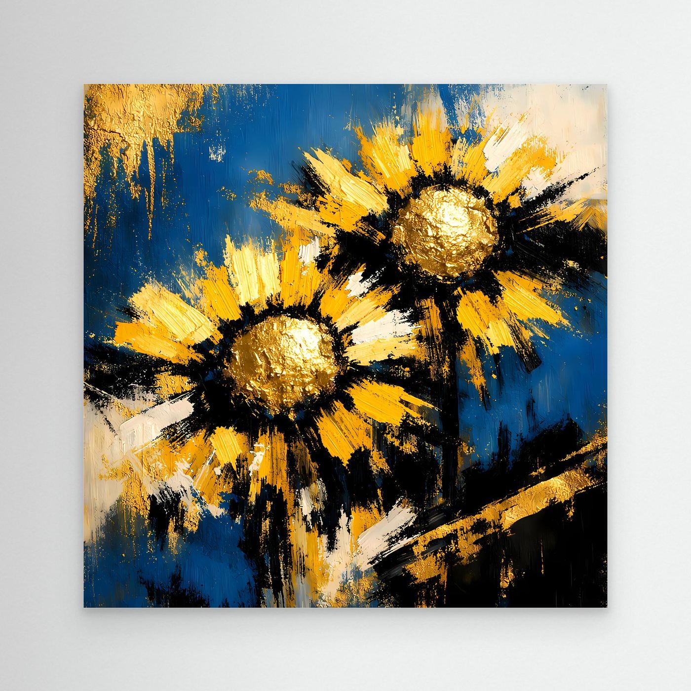 Abstraktes Sonnenblumen-Leinwandbild mit goldgelben Blüten auf Blau, Weiß und Schwarz