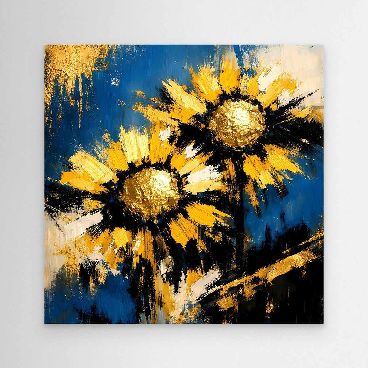 Abstraktes Sonnenblumen-Leinwandbild mit goldgelben Blüten auf Blau, Weiß und Schwarz