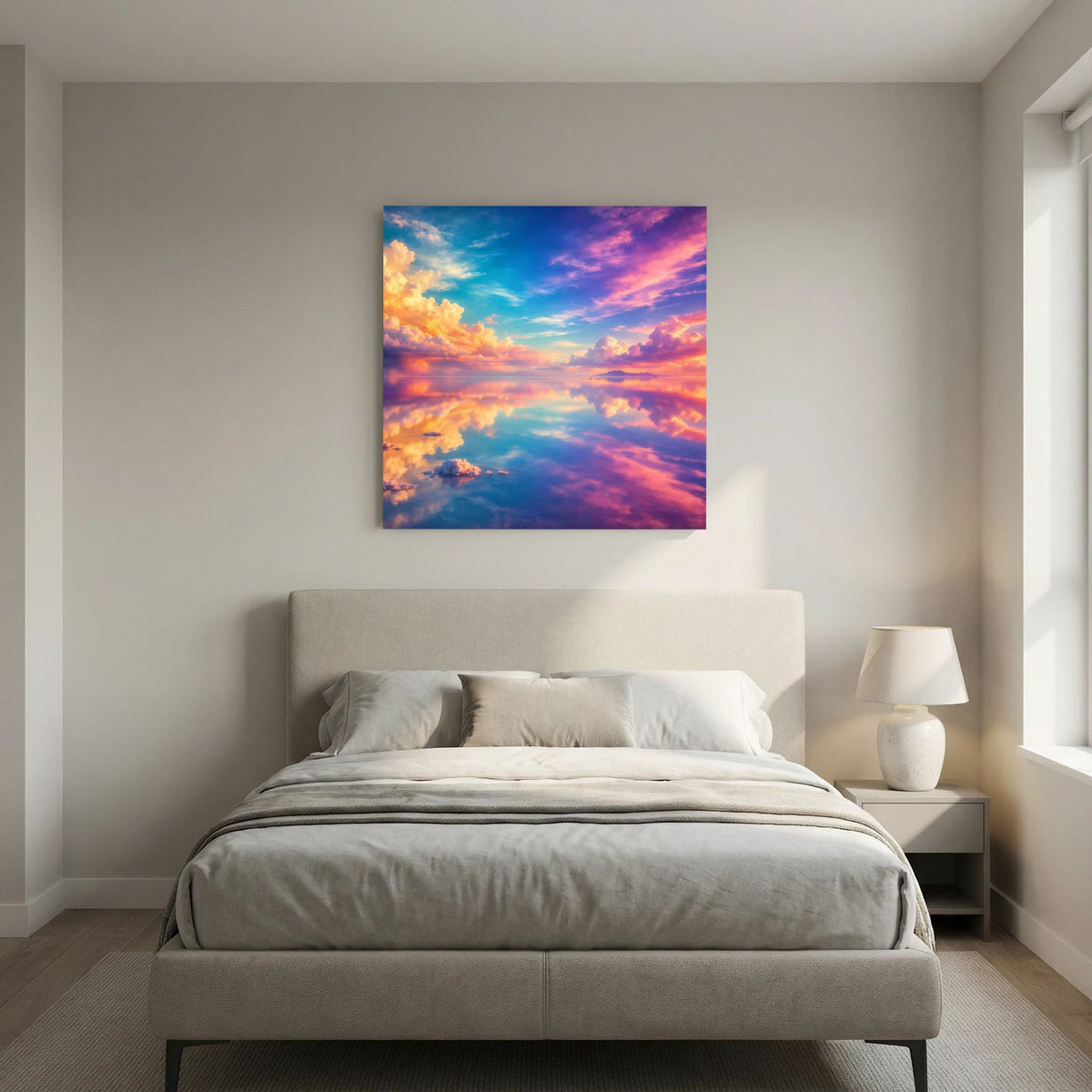 Leinwandbild mit dramatischem Himmel und Wolken, Farbverlauf von Blau bis Lila