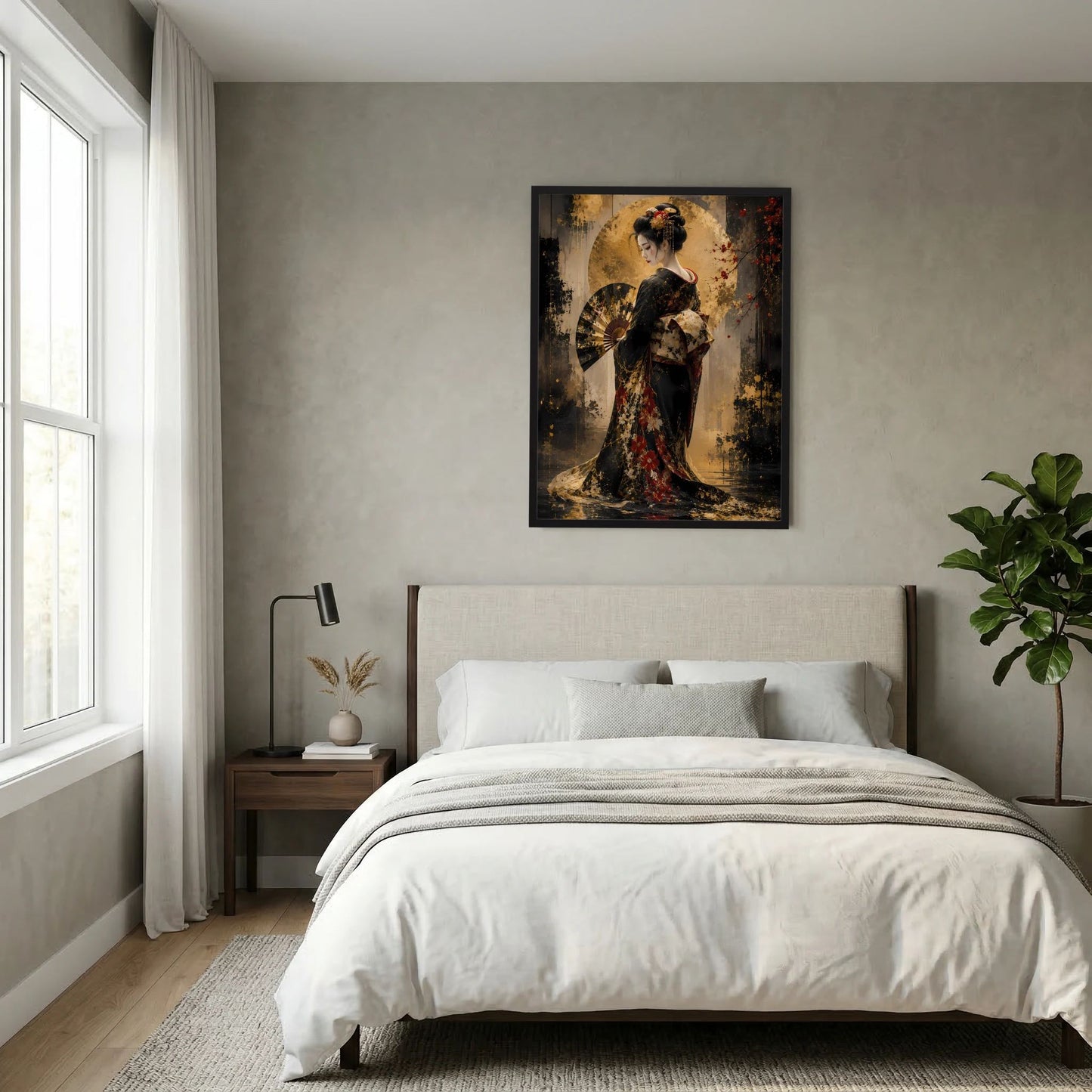 Hochformat-Poster mit Geisha im Kimono, Schwarz und Gold, seitlicher Blick auf Figur