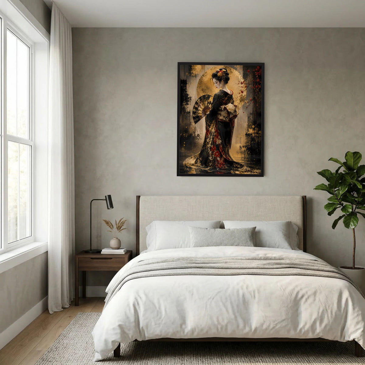 Hochformat-Poster mit Geisha im Kimono, Schwarz und Gold, seitlicher Blick auf Figur