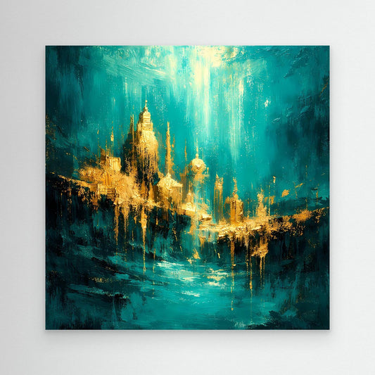 Abstraktes Unterwasser-Wandbild mit goldener Stadt und türkisfarbenem Lichtschein