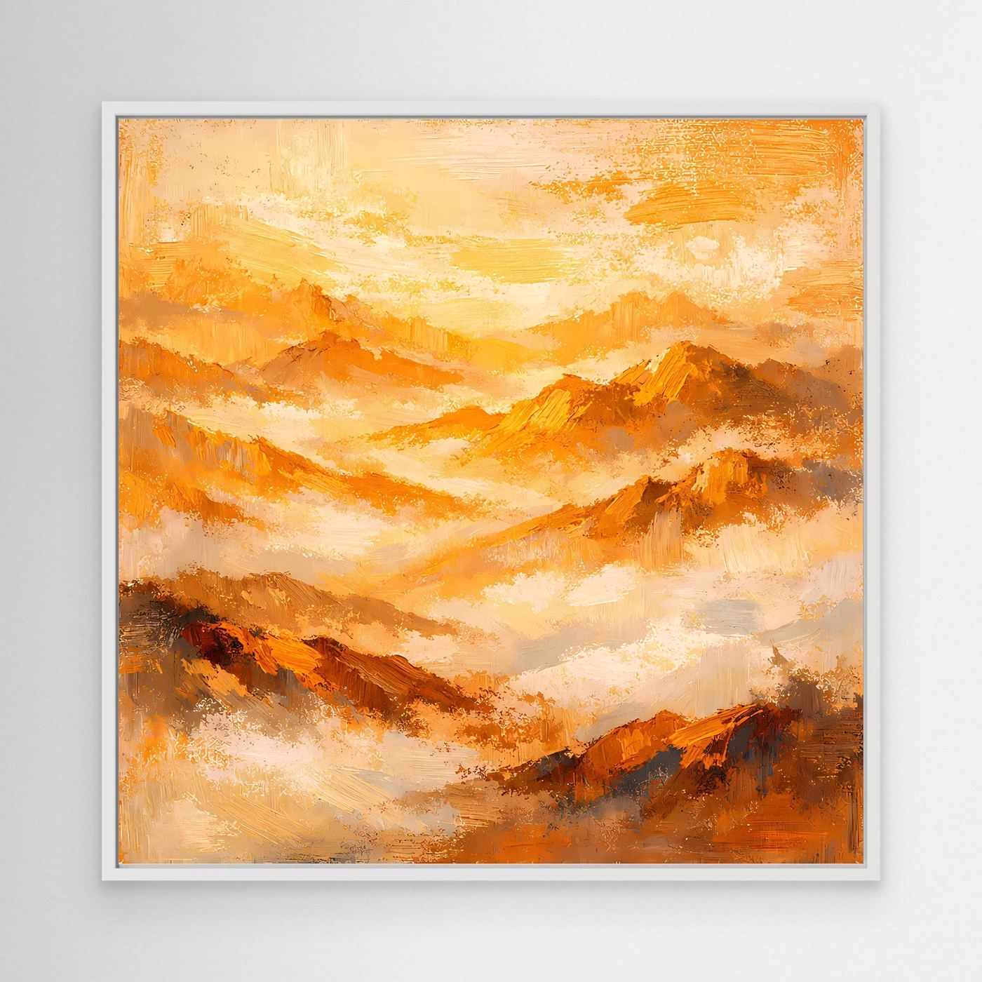 Leinwand-Wandbild mit abstrakten Bergen in Gold- und Orangetönen, weißer Rahmen
