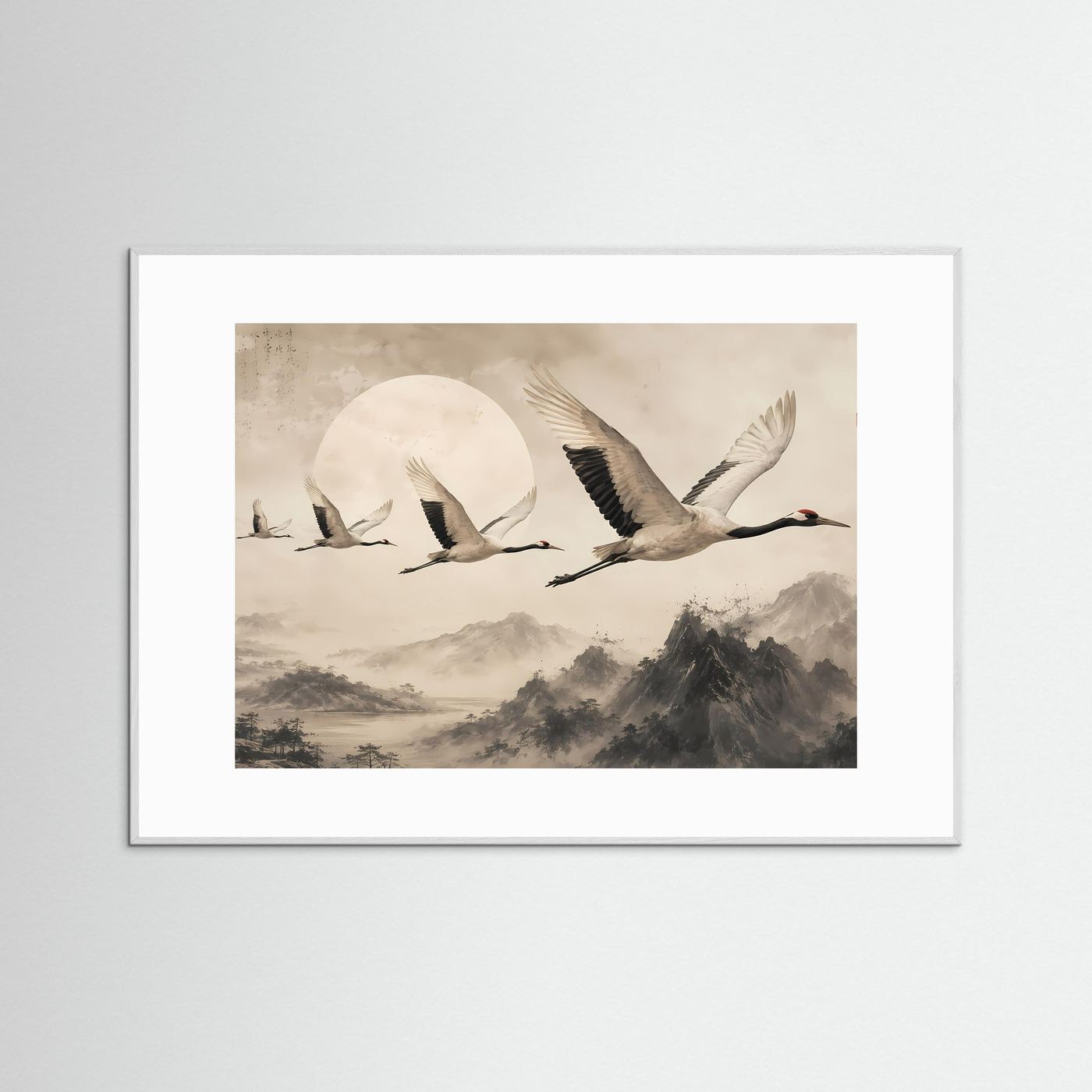 Querformat-Poster mit fliegenden Kranichen, Beige-Landschaft und weißem Rahmen