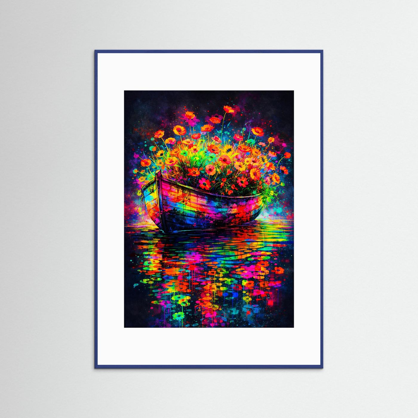 Kunstposter: abstraktes Neon-Blumenboot mit Blumen und Spiegelung, blauer Holzrahmen.